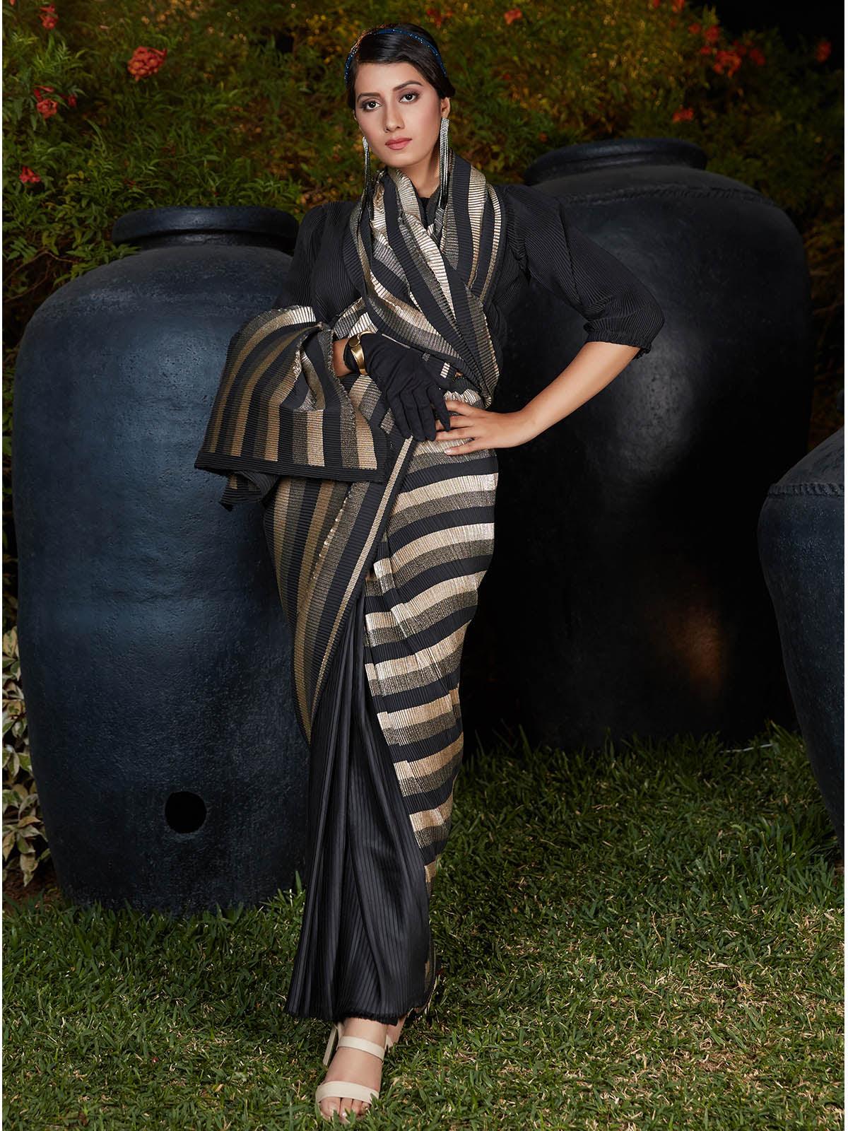 Odette Women Trendy Black Pleated Silk Saree With Unstitched Blouse - Image 3