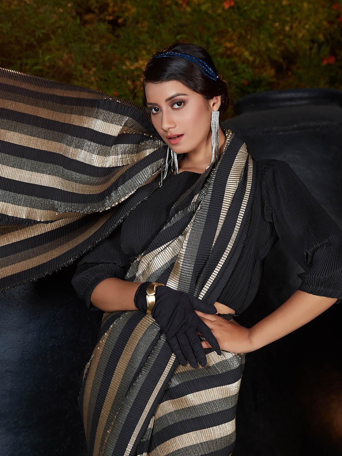 Odette Women Trendy Black Pleated Silk Saree With Unstitched Blouse - Image 4
