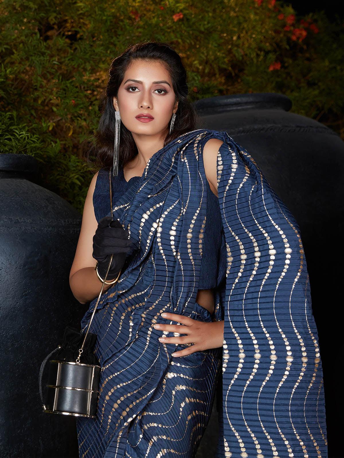 Odette Women Trendy Dark Blue Pleated Silk Saree With Unstitched Blouse - Image 3