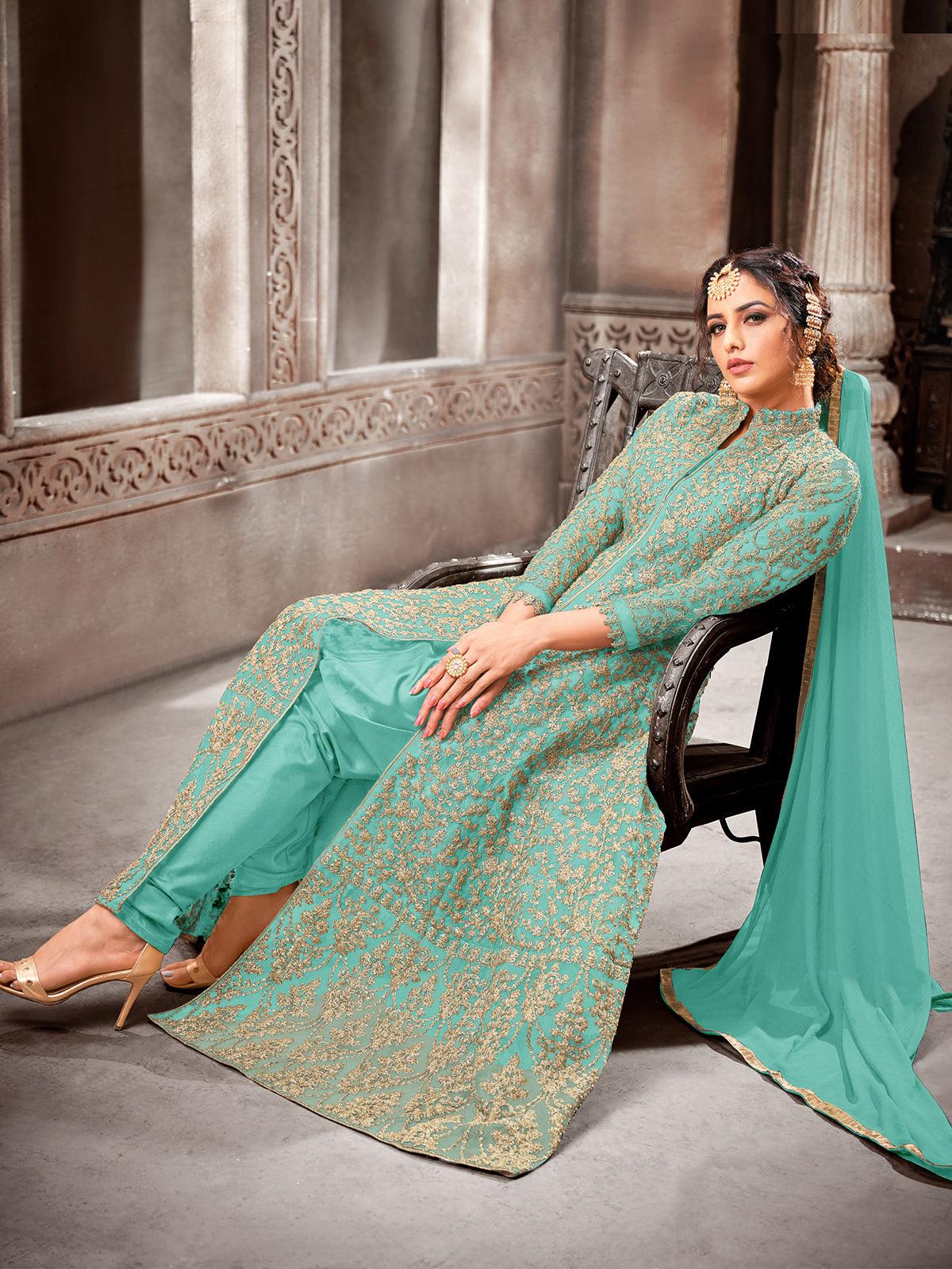 Odette Women Turquiose Color Net Base Beautiful Semi Stitched Suit