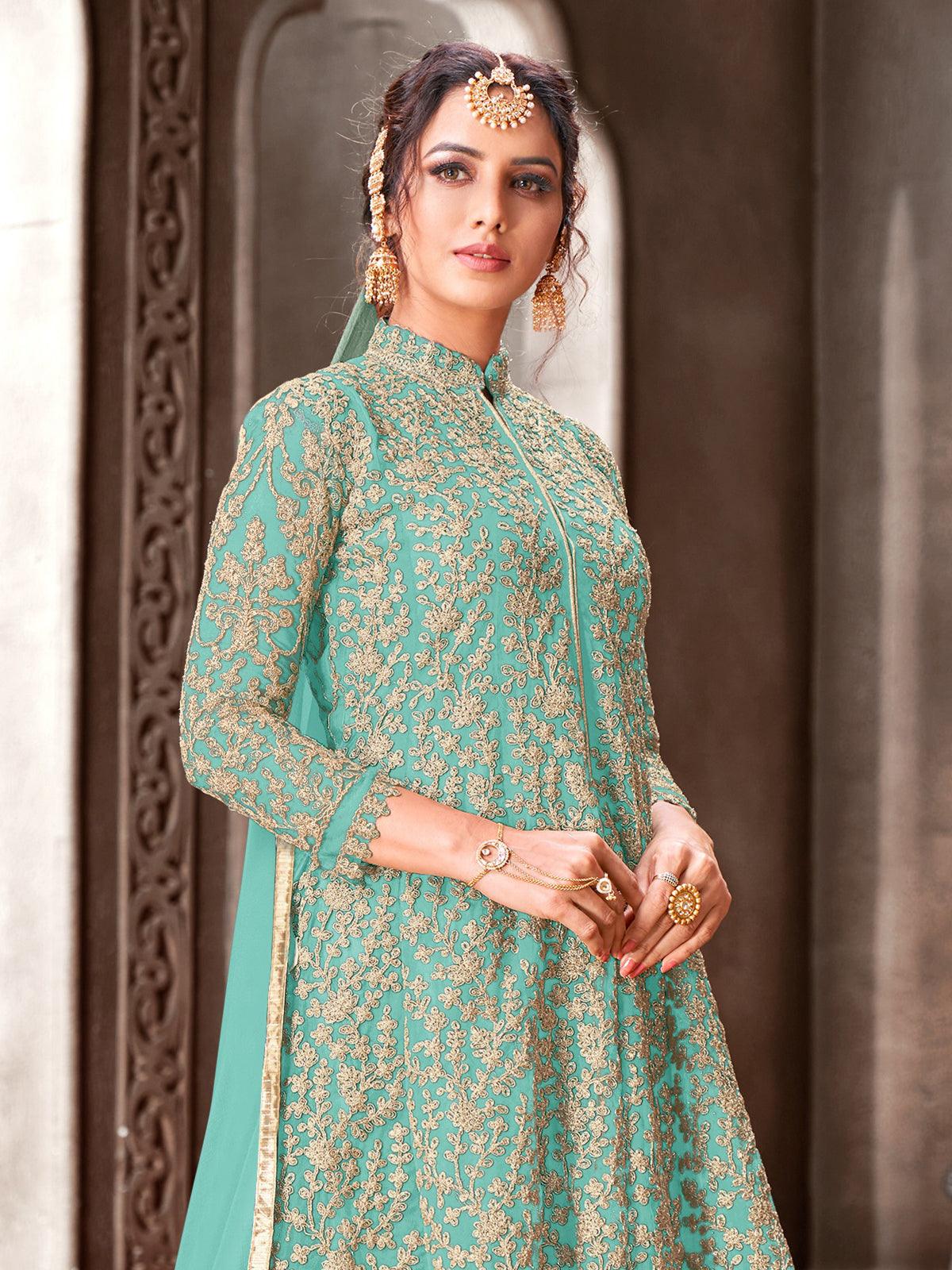 Odette Women Turquiose Color Net Base Beautiful Semi Stitched Suit - Image 2