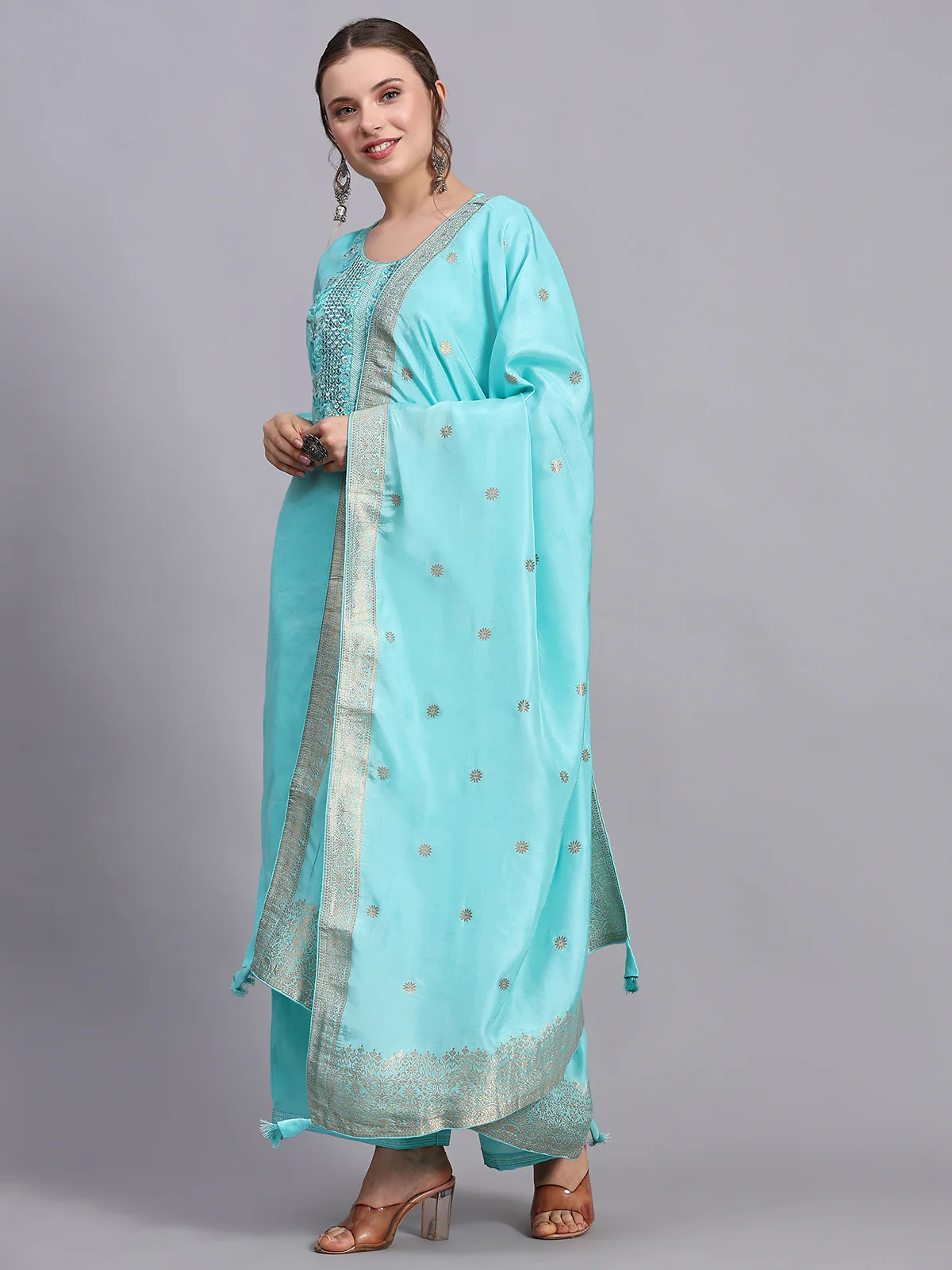 Odette Women Turquoise Viscose Embroidered Stitched Kurta Set - Image 2