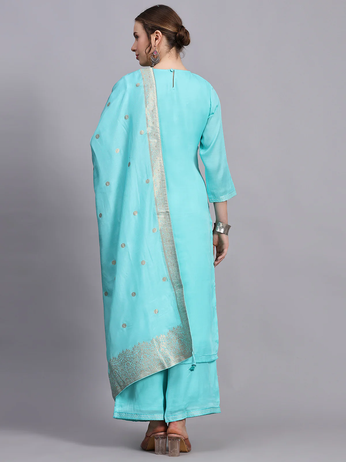 Odette Women Turquoise Viscose Embroidered Stitched Kurta Set - Image 4