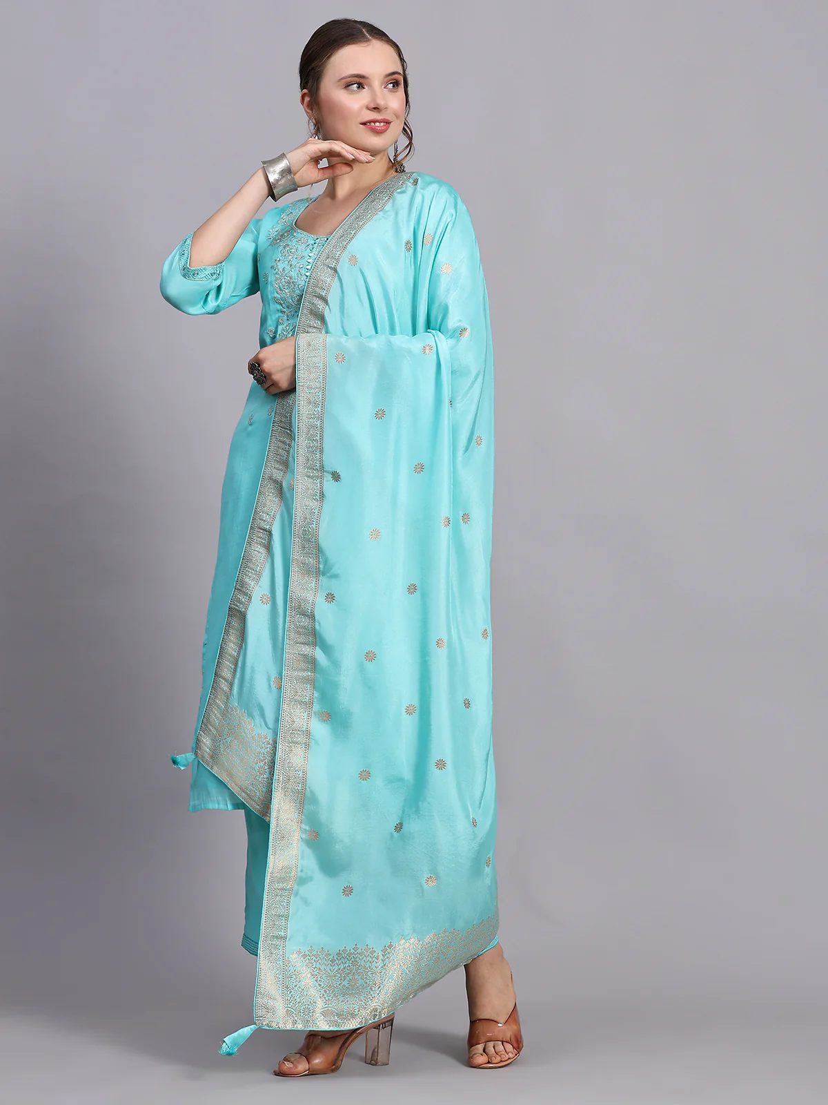 Odette Women Turquoise Viscose Embroidered Stitched Kurta Set - Image 2