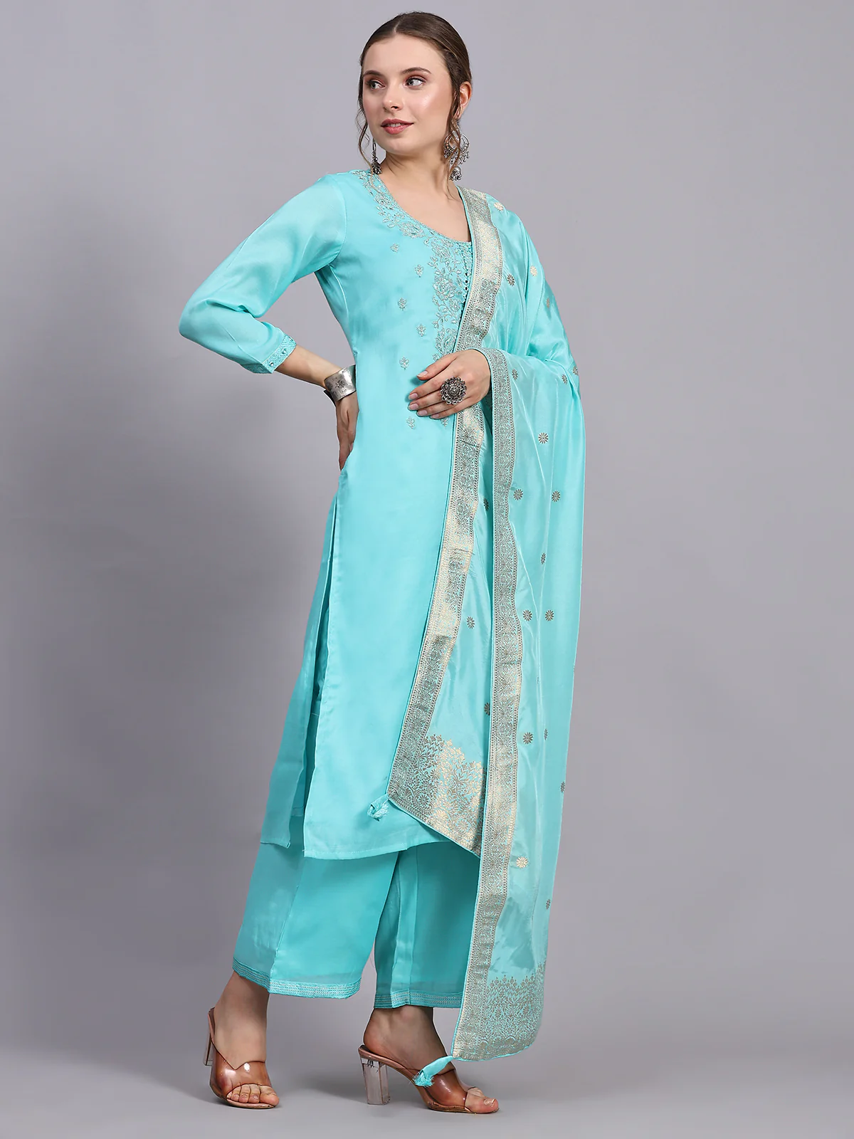 Odette Women Turquoise Viscose Embroidered Stitched Kurta Set - Image 3