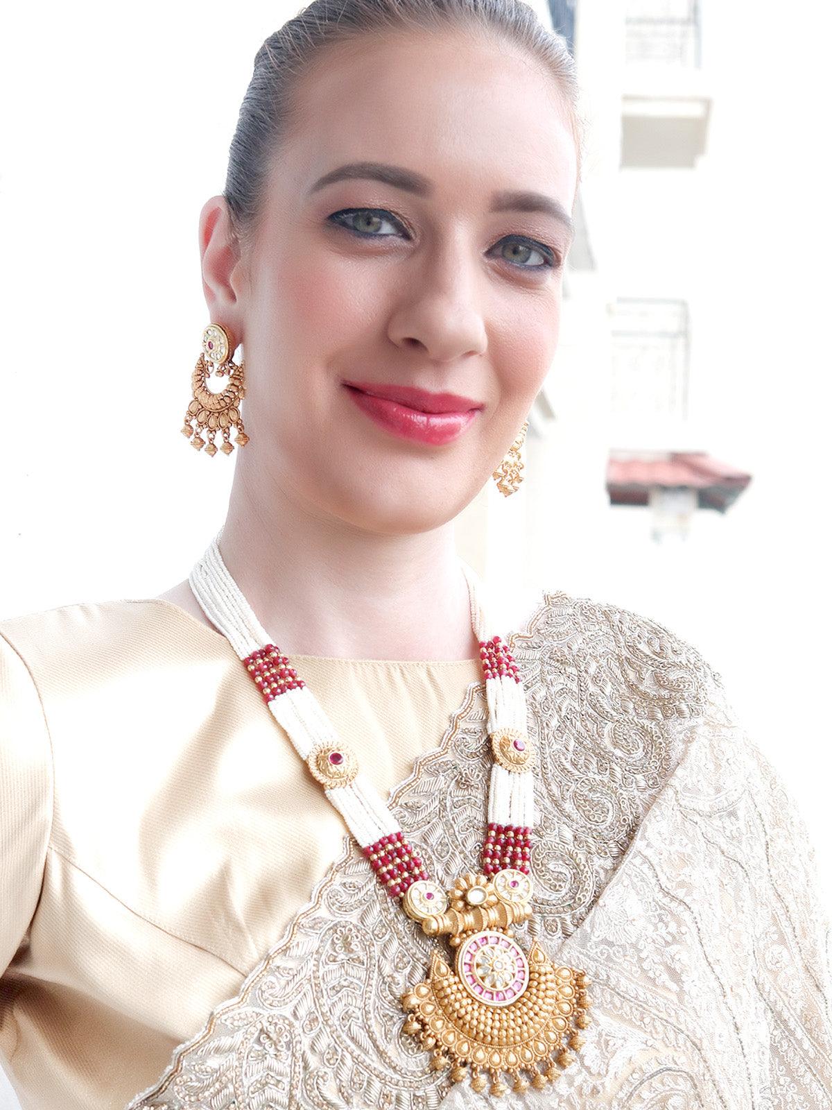 Odette Unique White And Gold Traditional Necklace Set For Women