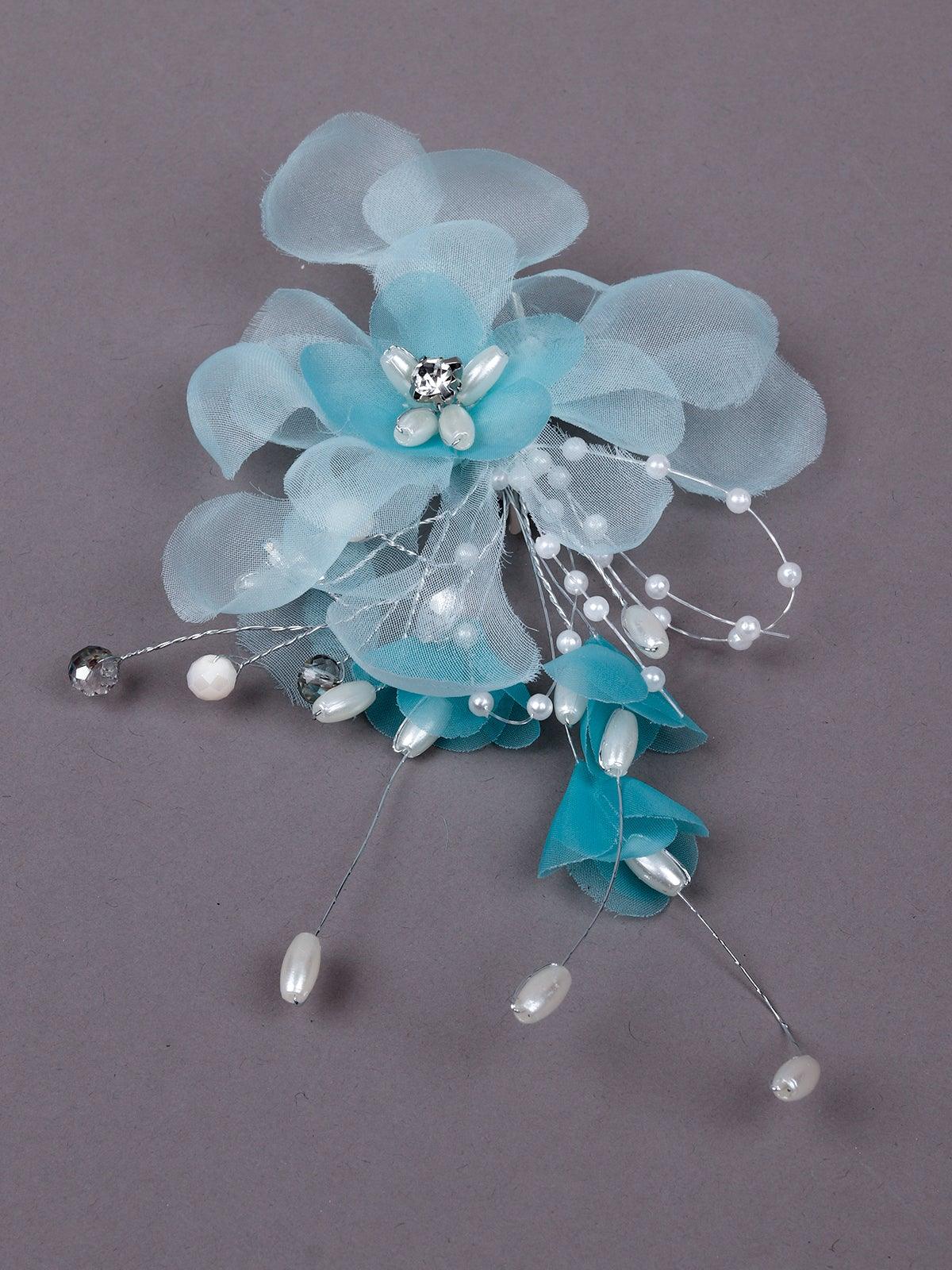 Odette Women Blue Metal Floral Brooch - Image 3