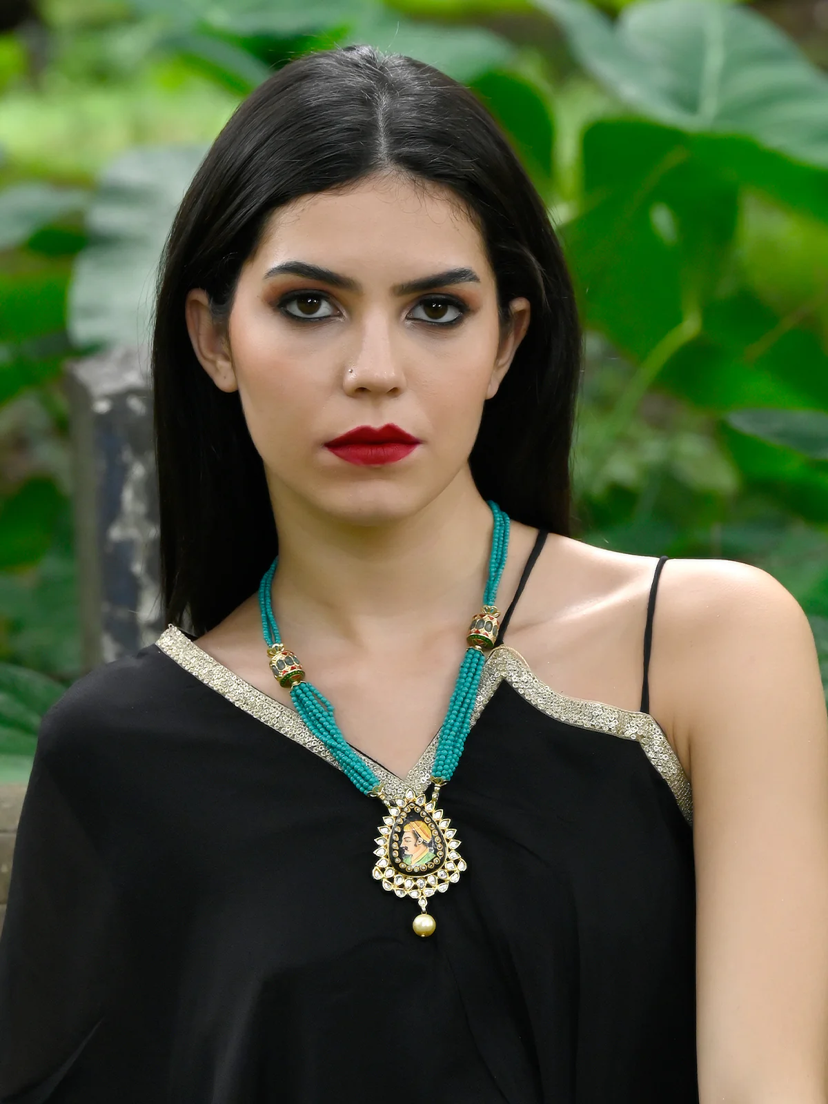 Odette Women Vintage Pendant Strung With Teal Beads Necklace - Image 2