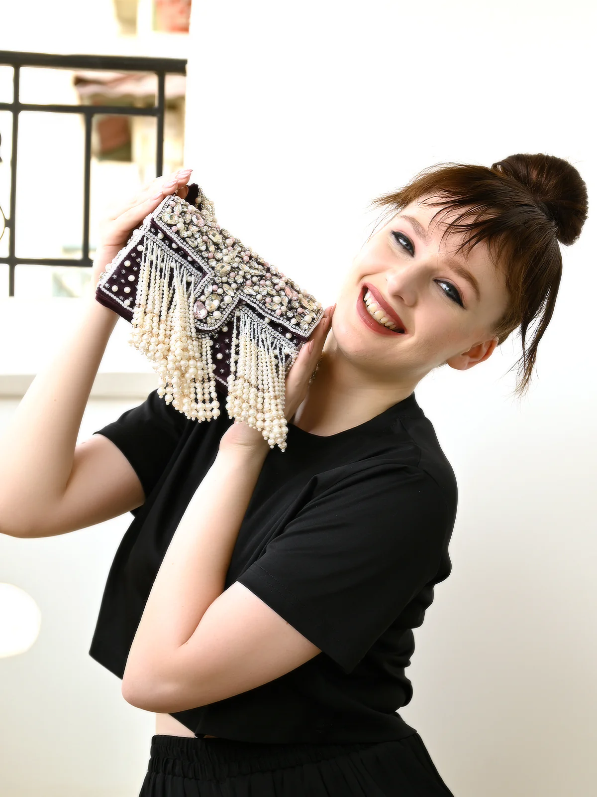 Odette Women Violet Beaded Clutch Bag With Tassels - Image 2