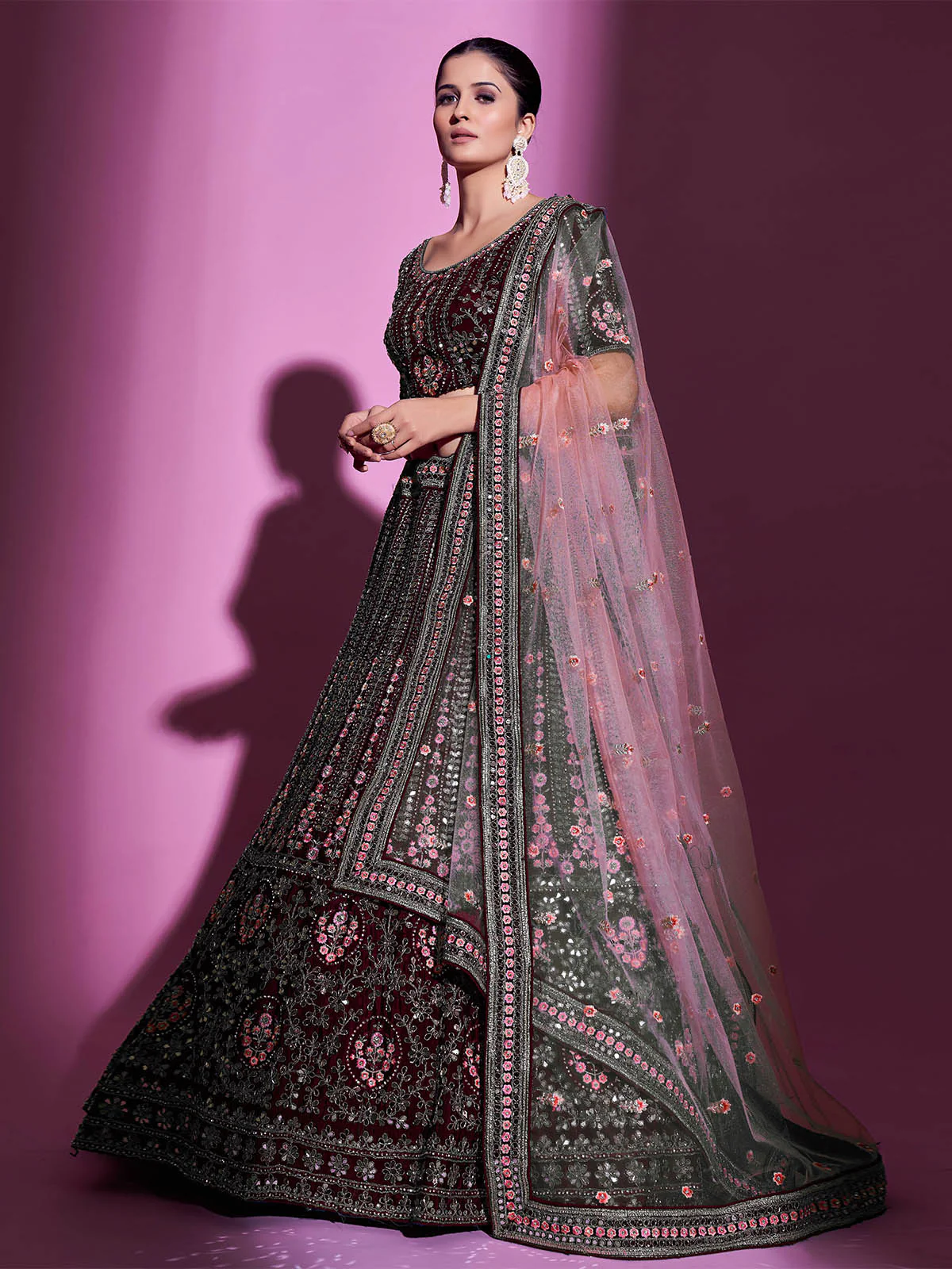 Odette Women Violet Crepe Embroidered Semi Stitched Lehenga With Unstitched Blouse - Image 5