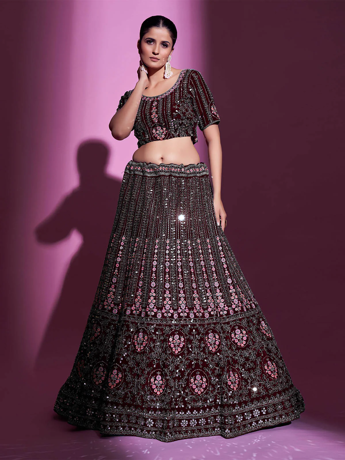 Odette Women Violet Crepe Embroidered Semi Stitched Lehenga With Unstitched Blouse - Image 6