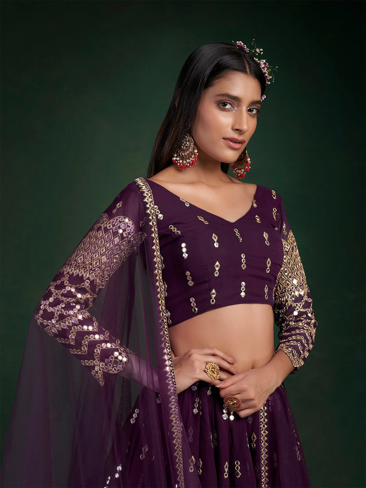 Odette Women Violet Embroidered Bridal Semi Stitched Lehenga With Unstitched Blouse - Image 3