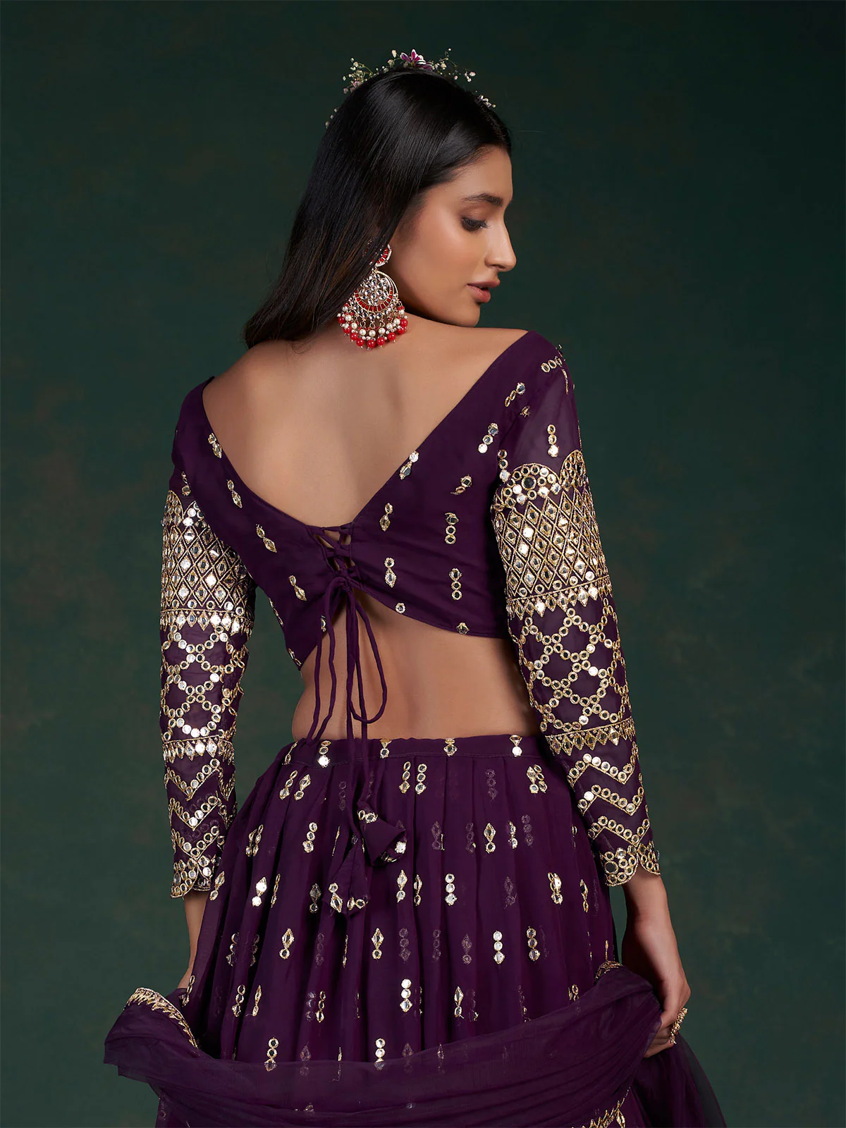 Odette Women Violet Embroidered Bridal Semi Stitched Lehenga With Unstitched Blouse - Image 4