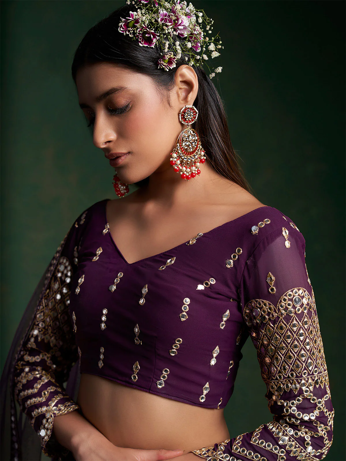 Odette Women Violet Embroidered Bridal Semi Stitched Lehenga With Unstitched Blouse - Image 5