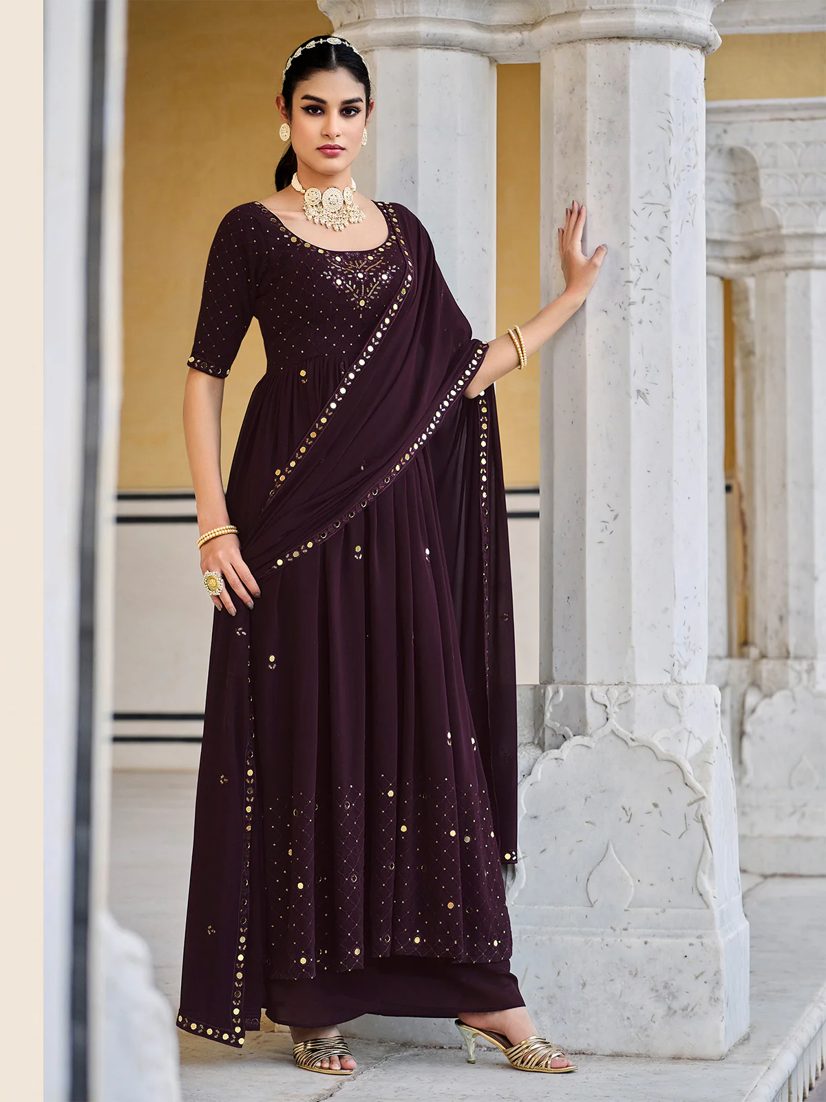 Odette Women Violet Georgette Embroidered Semi Stitched Salwar Suit - Image 2