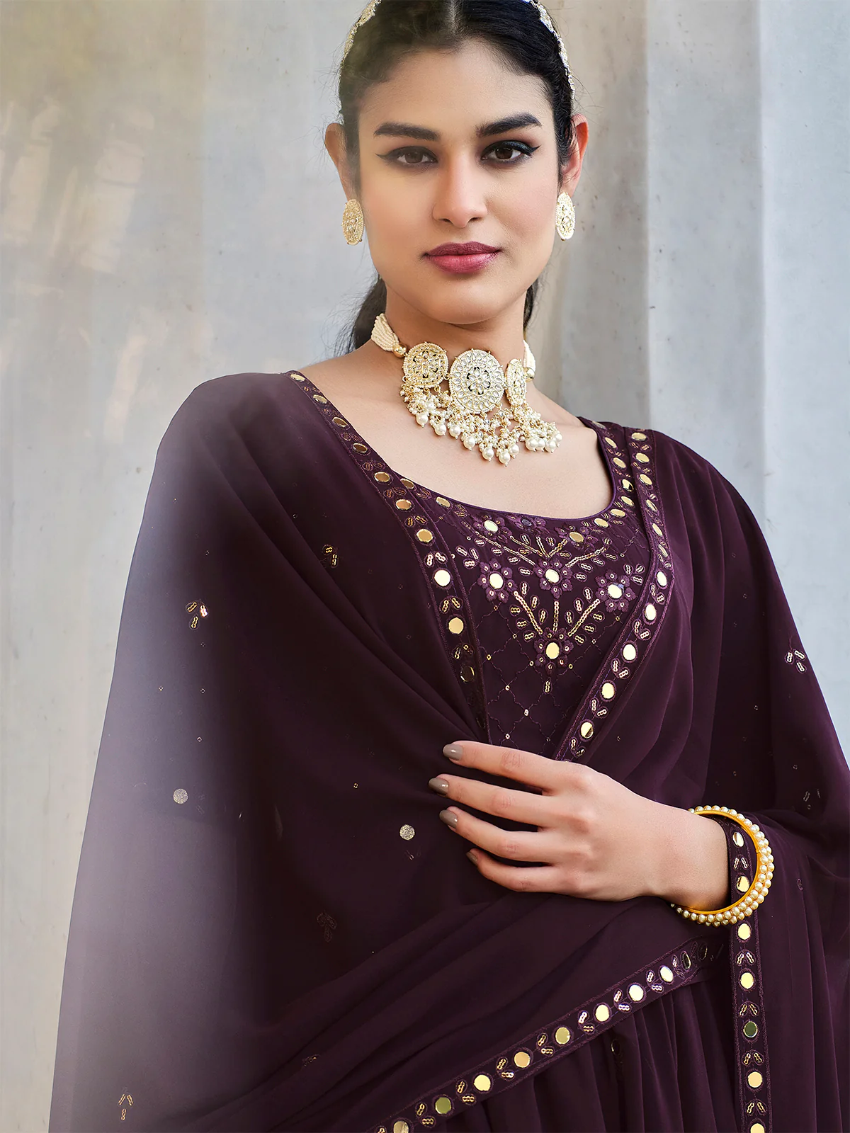 Odette Women Violet Georgette Embroidered Semi Stitched Salwar Suit - Image 3