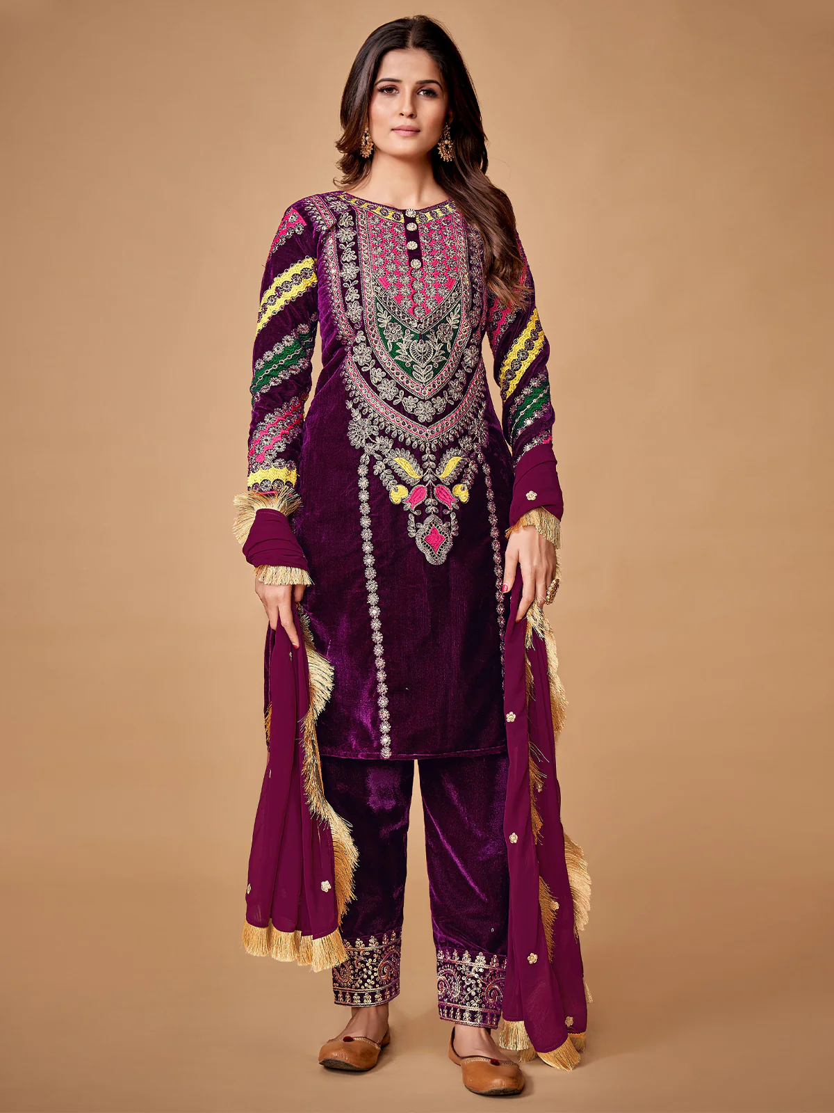 Odette Women Violet Velvet Embroidered Stitched Kurta Set