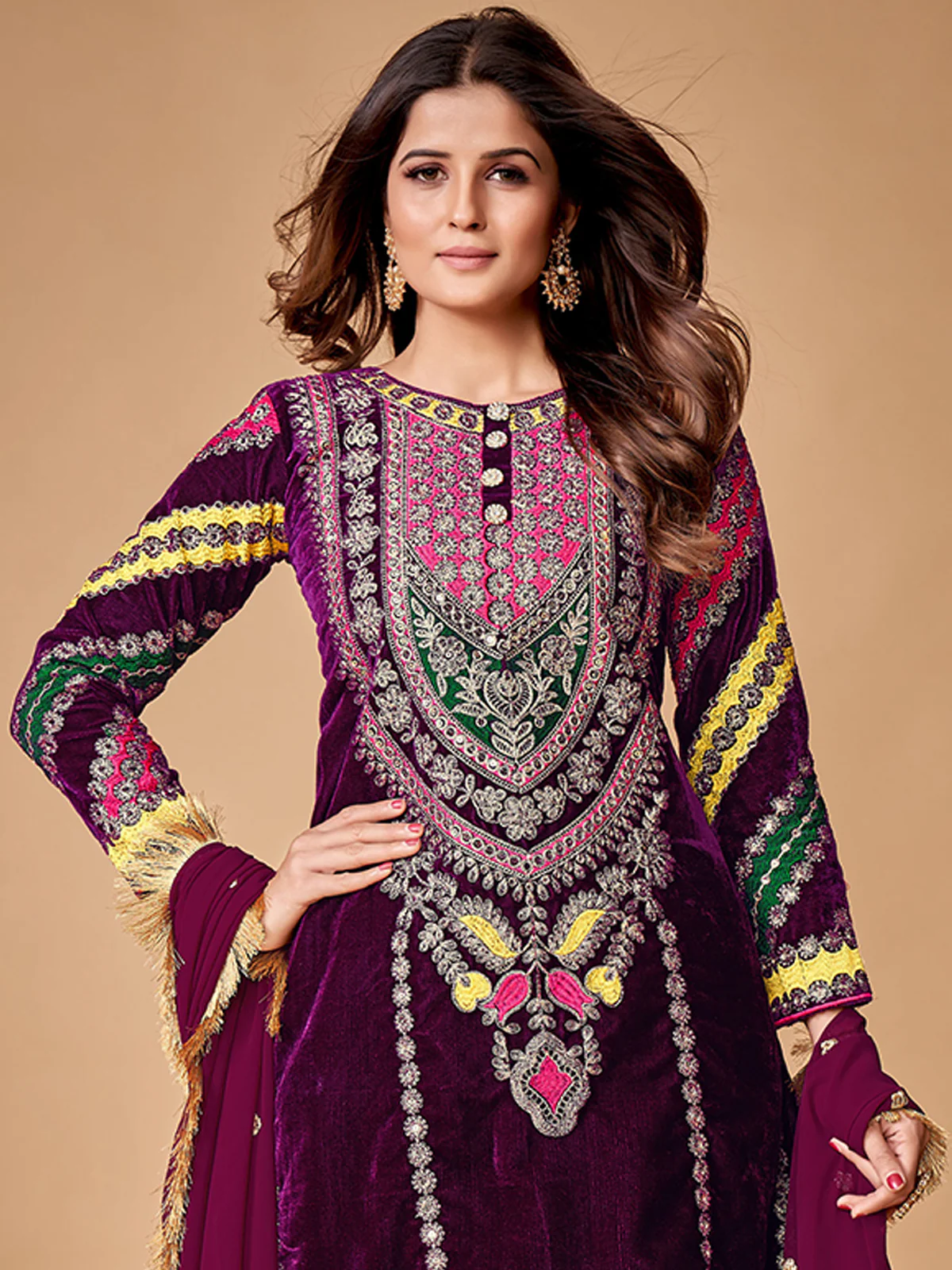 Odette Women Violet Velvet Embroidered Stitched Kurta Set - Image 2