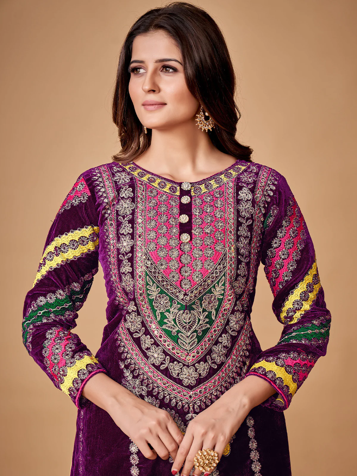Odette Women Violet Velvet Embroidered Stitched Kurta Set - Image 3