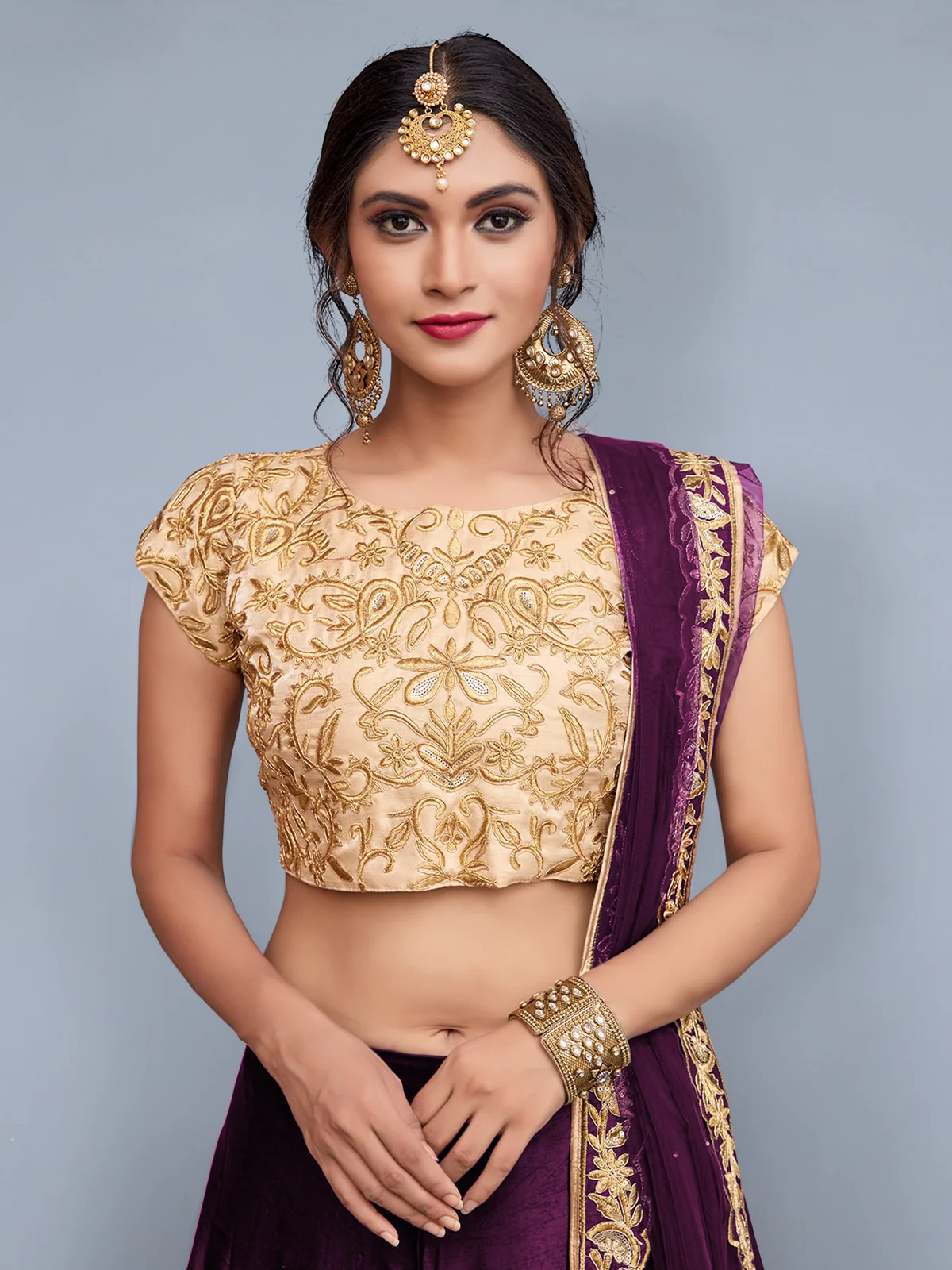 Odette Women Voilet Embroidered Semi Stitched Lehenga With Unstitched Blouse - Image 2