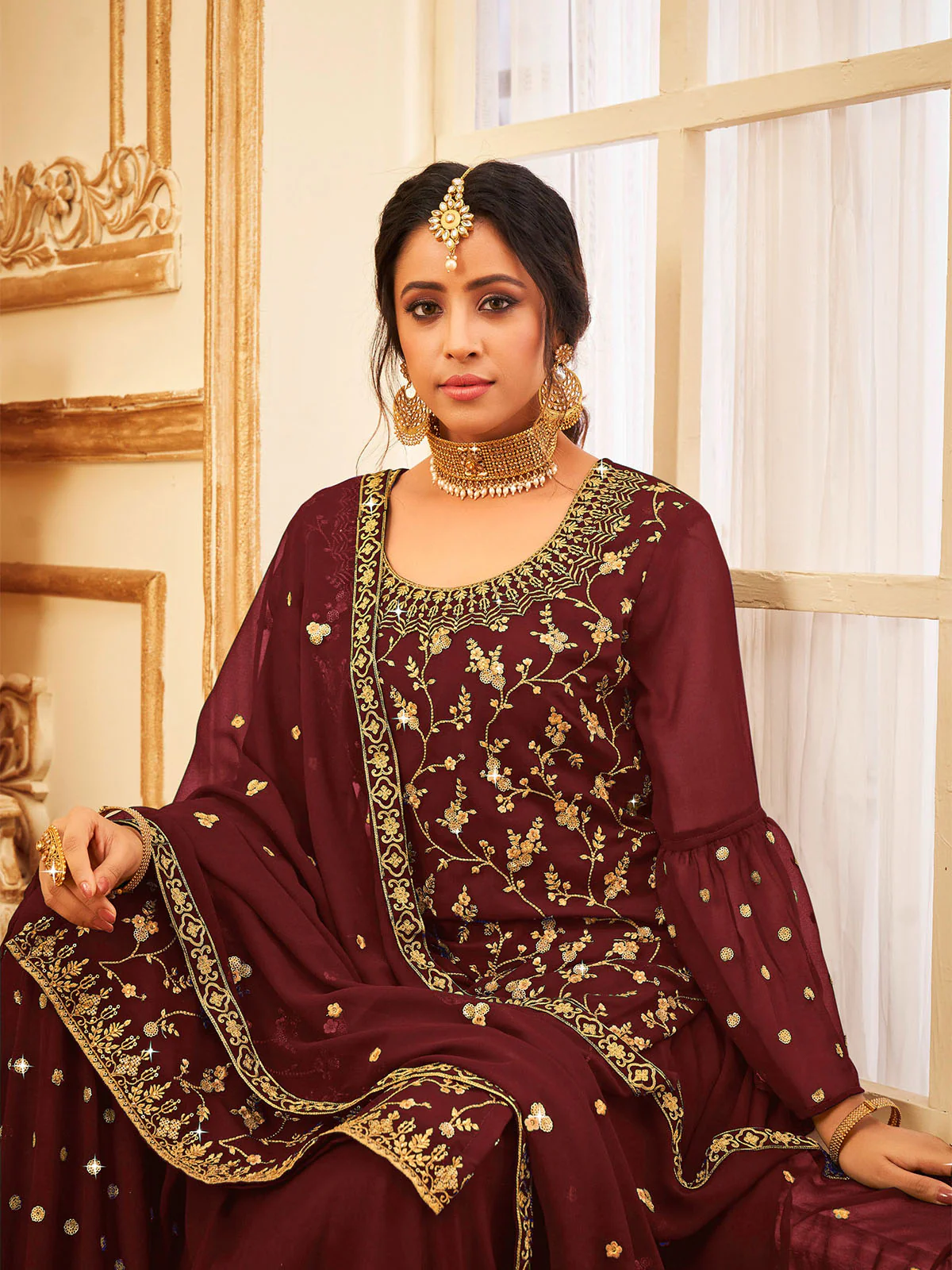 Odette Women Maroon Faux Georgette With Glitter Sequence Work Semi Stitched Sharara Suit - Image 2