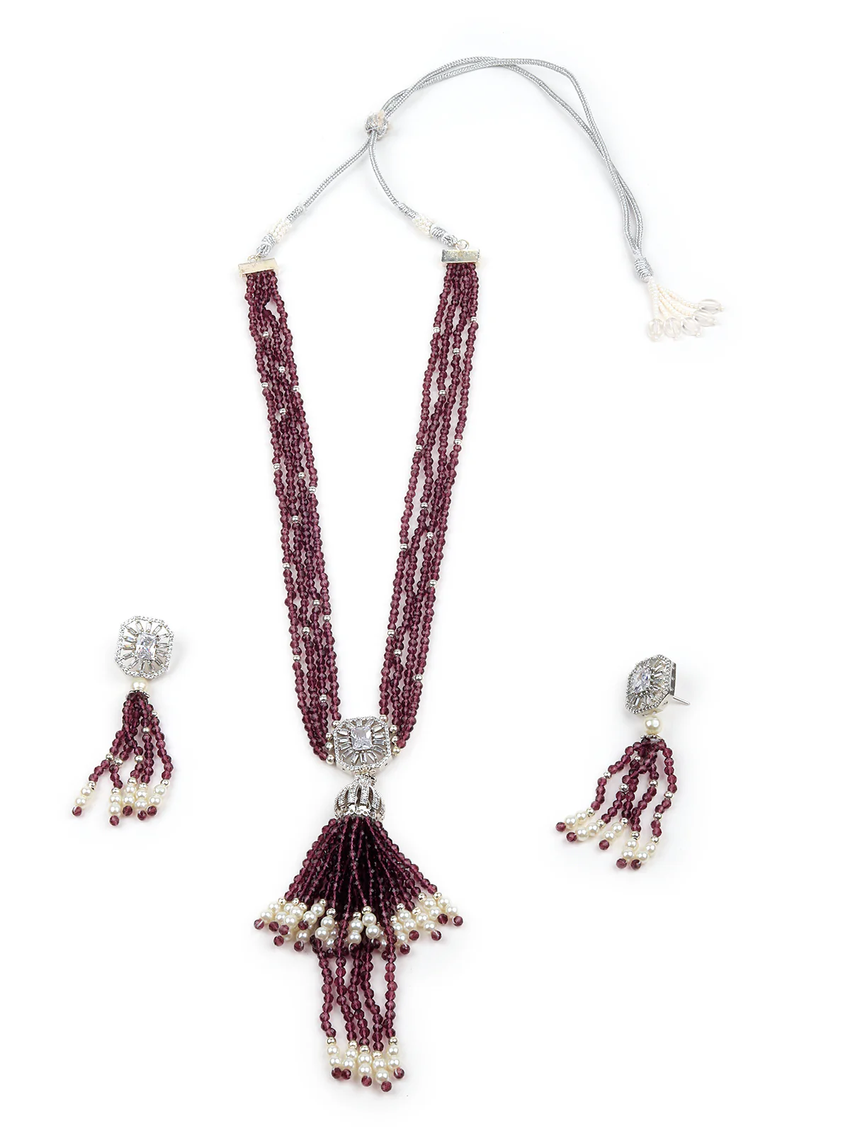 Odette Women Voilet Long Beaded Necklace Set - Image 3