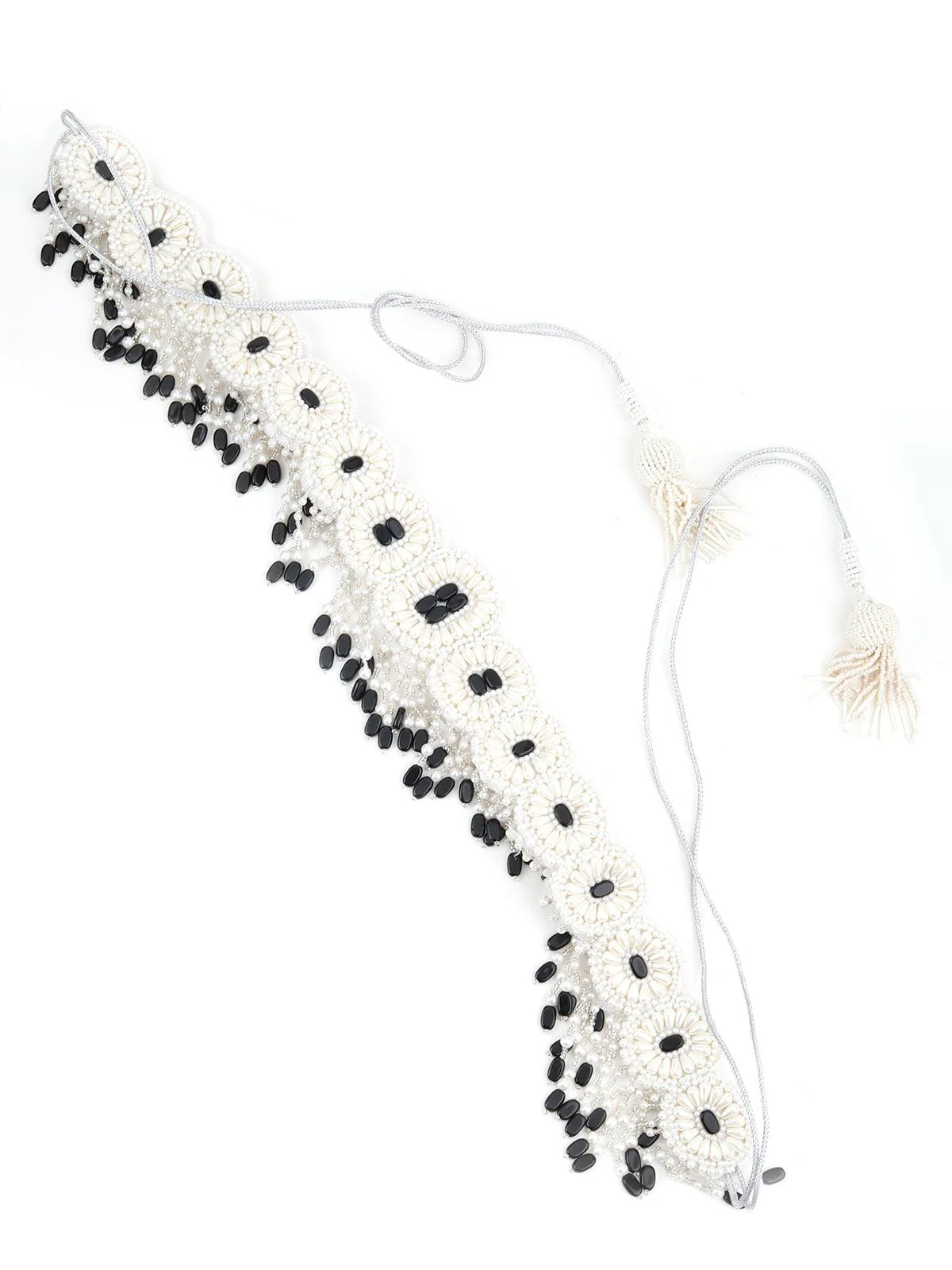 Odette Women White And Black Pearl Beads Velvet Base Belt - Image 3
