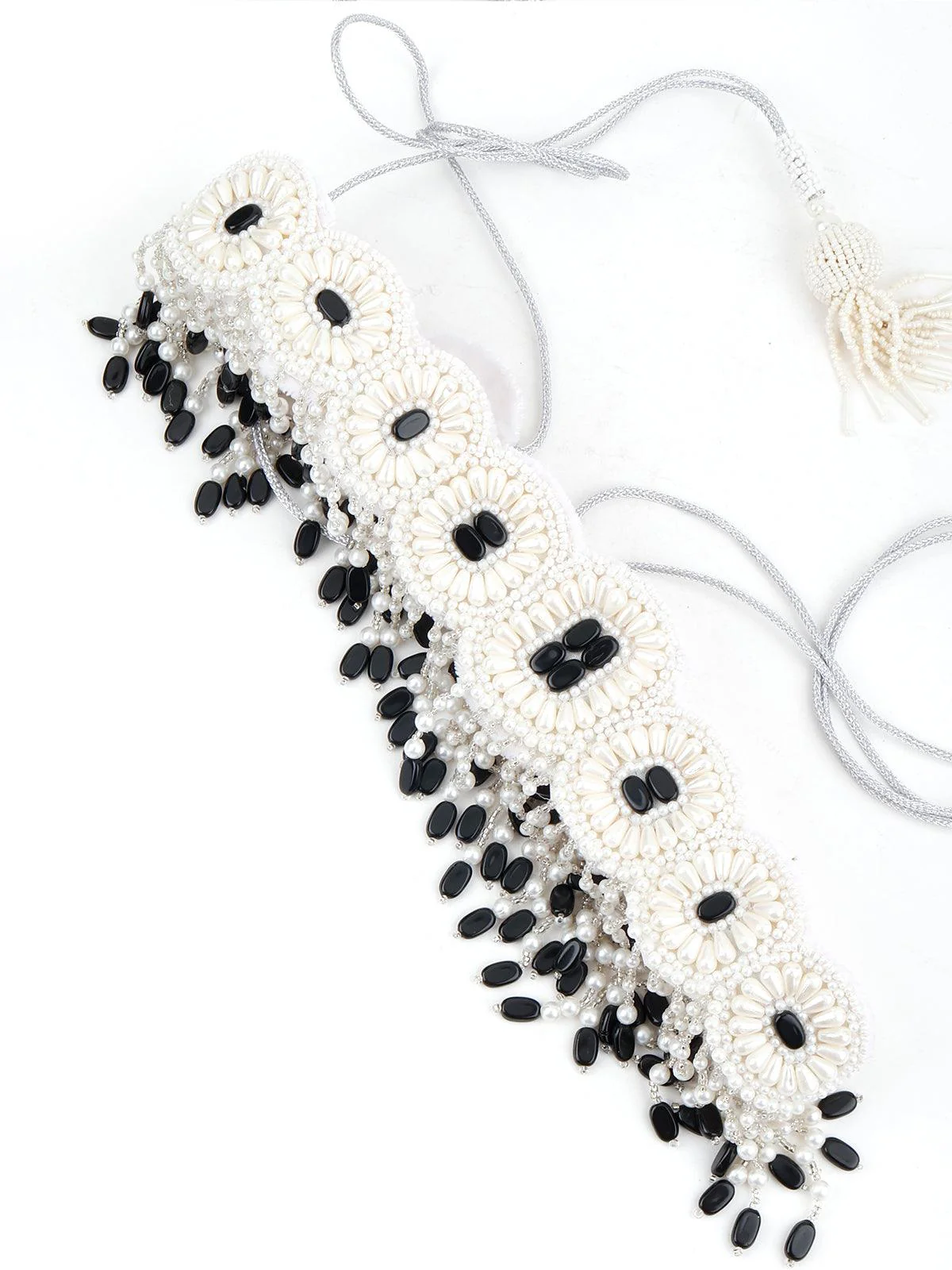 Odette Women White And Black Pearl Beads Velvet Base Belt - Image 5