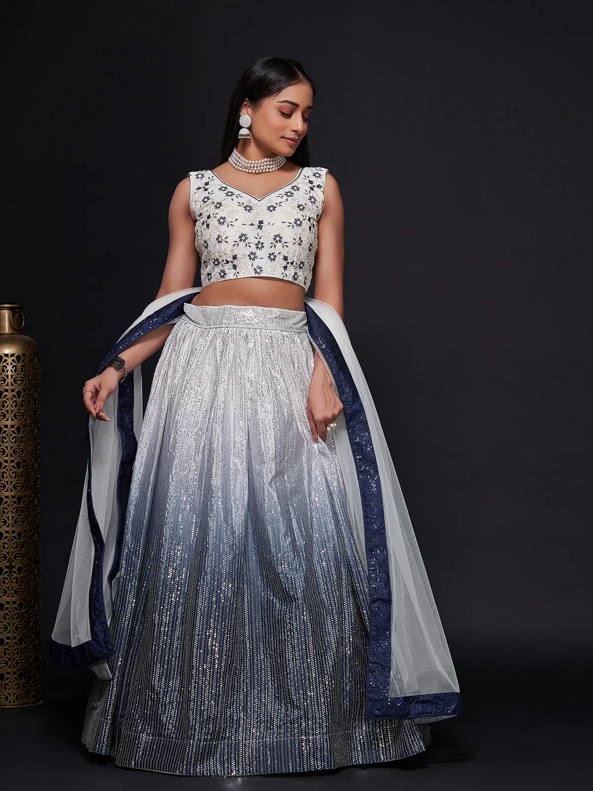 Odette Women White And Blue Georgette Sequins Semi Stitched Lehenga Choli - Image 3