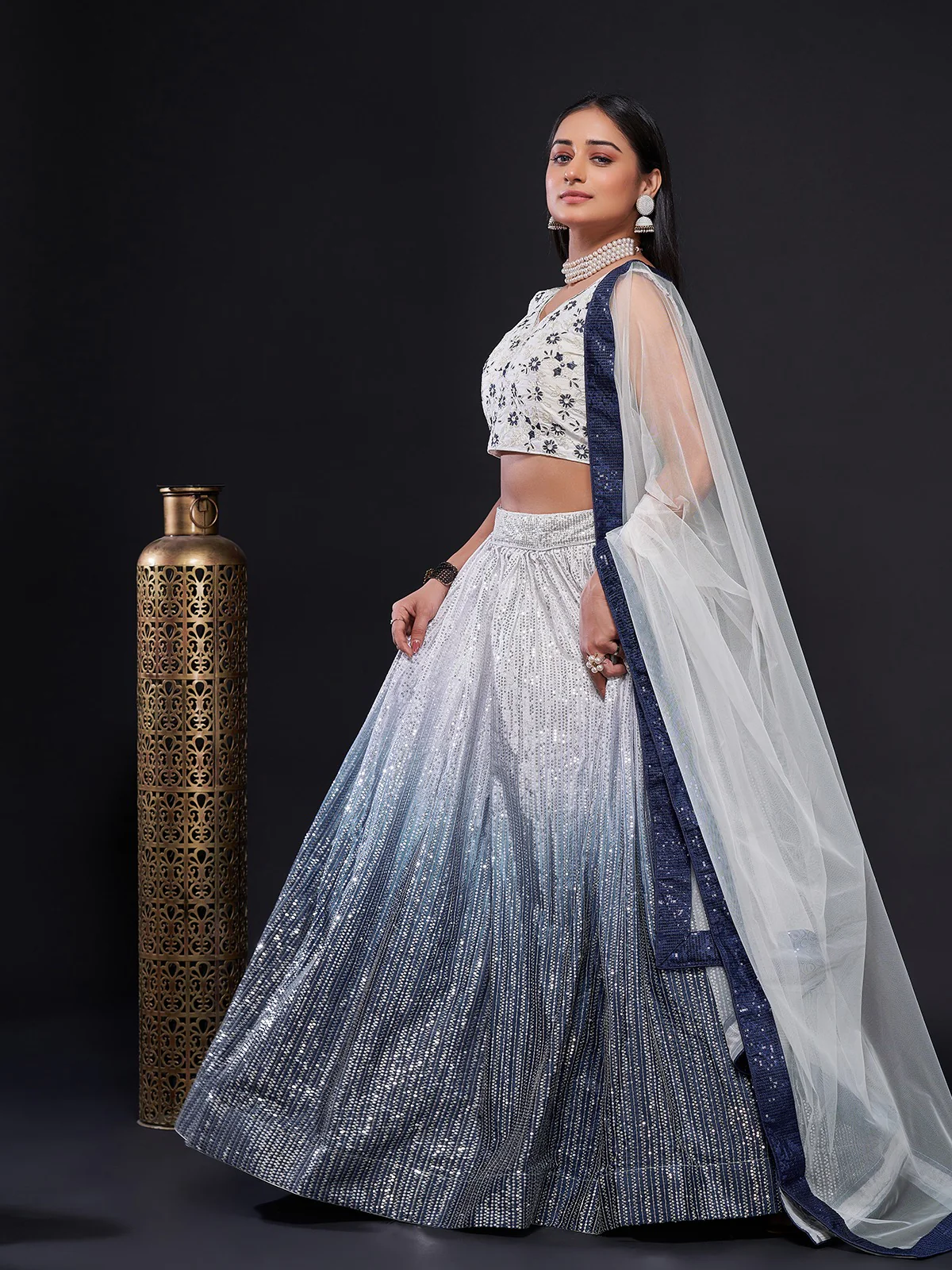 Odette Women White And Blue Georgette Sequins Semi Stitched Lehenga Choli - Image 4