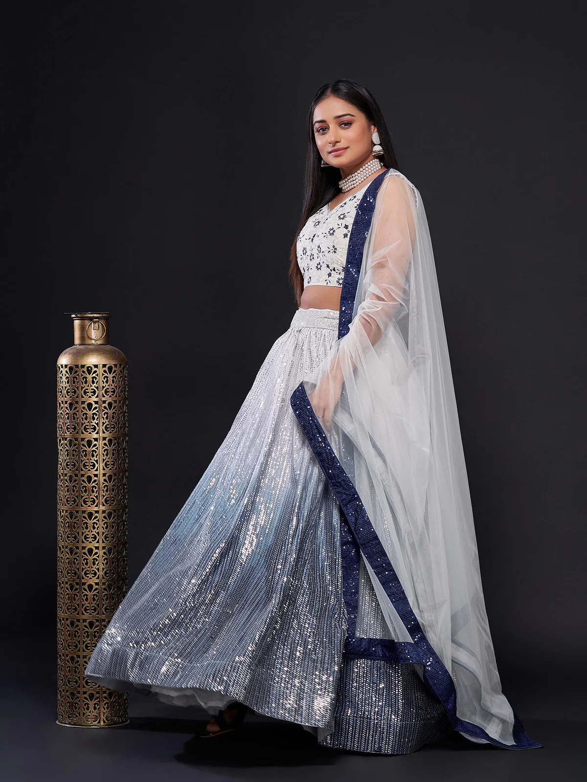Odette Women White And Blue Georgette Sequins Semi Stitched Lehenga Choli - Image 5