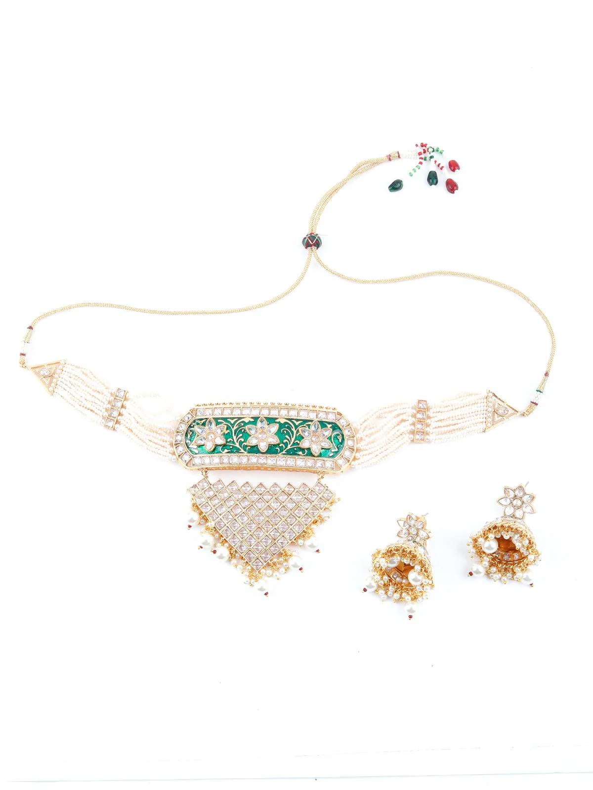 Odette Women White And Dark Green Kundan Style Choker Necklace Set - Image 3