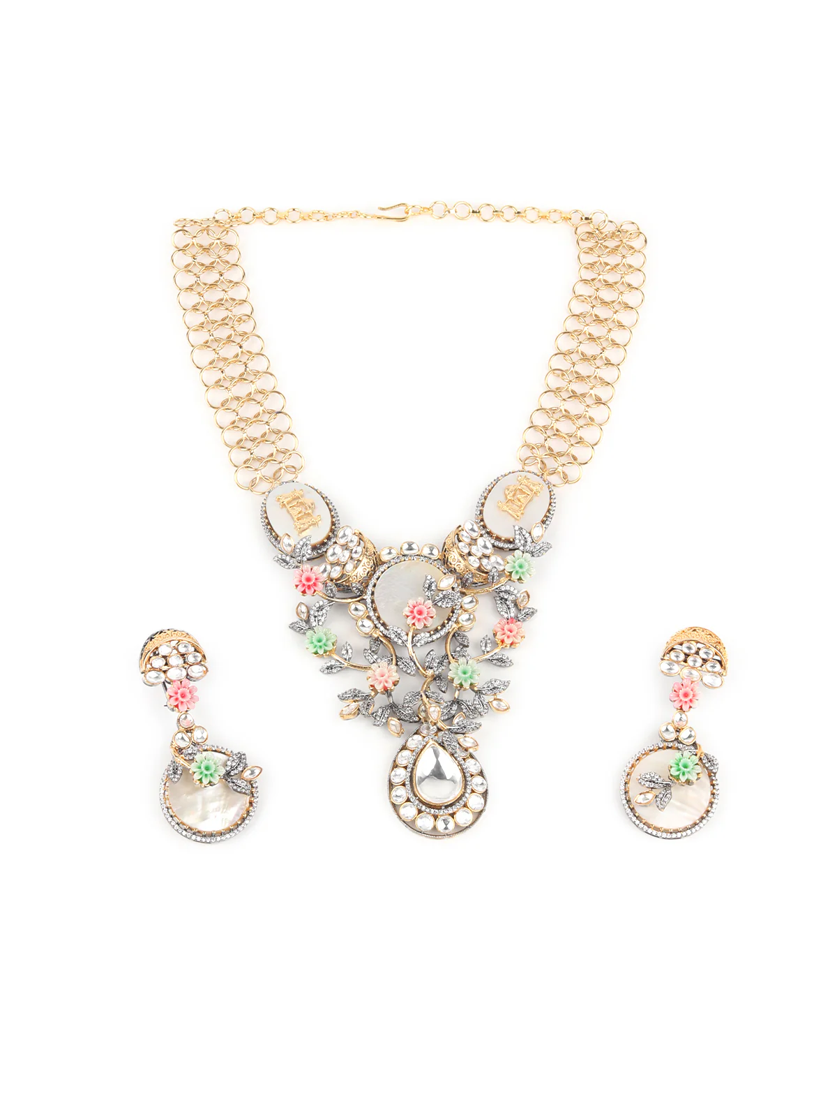 Odette White And Gold Stone Studded V-Shape Necklace Set For Women - Image 3