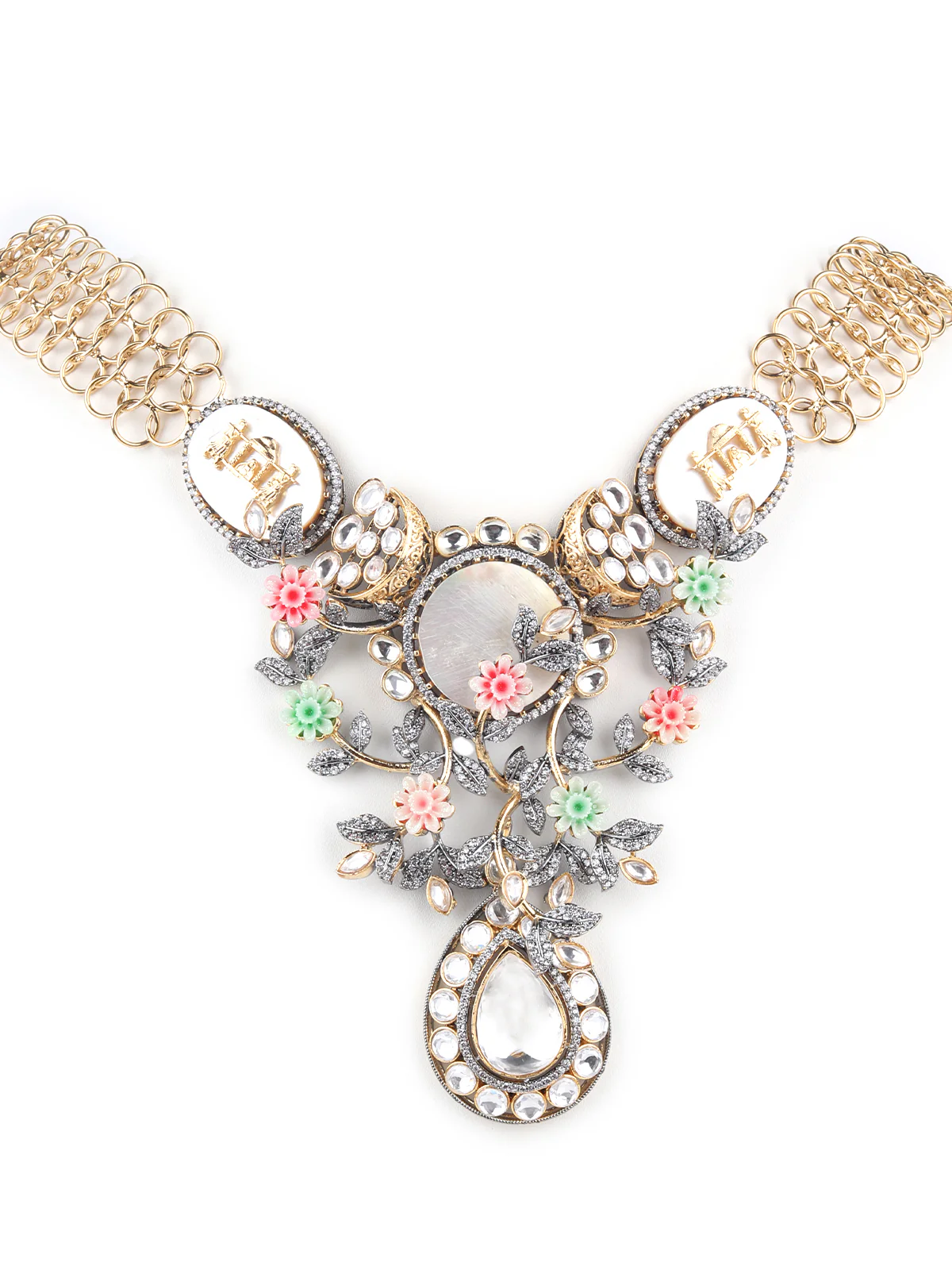 Odette White And Gold Stone Studded V-Shape Necklace Set For Women - Image 4