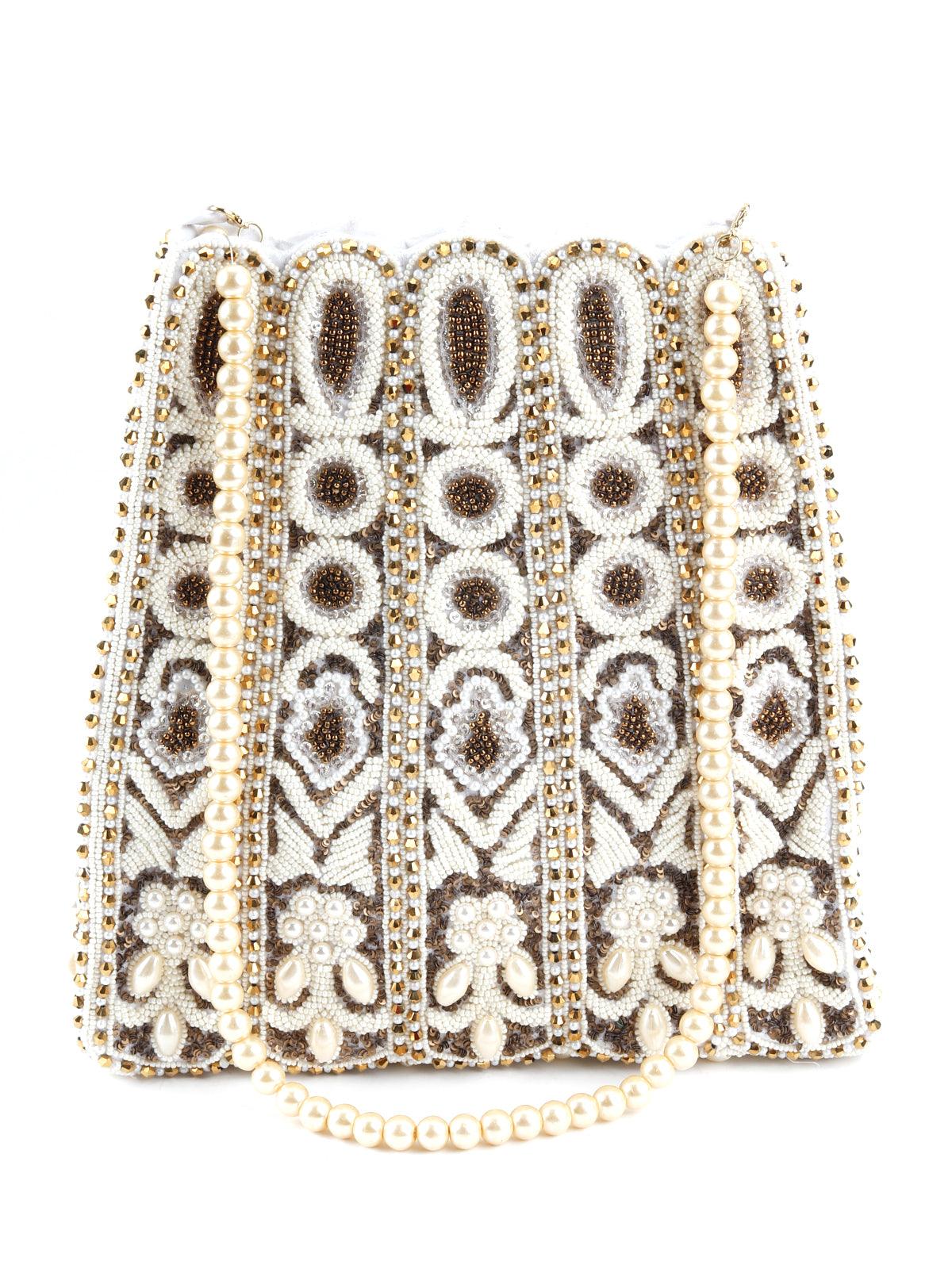 Odette Women White And Golden Beaded Crystals Sling Bag - Image 4