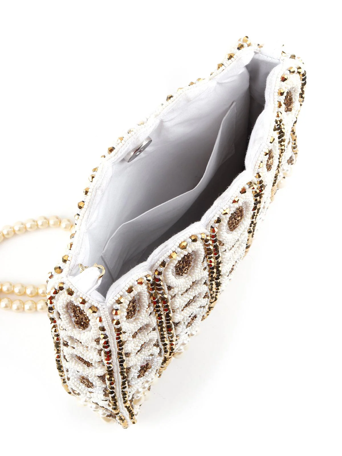 Odette Women White And Golden Beaded Crystals Sling Bag - Image 5