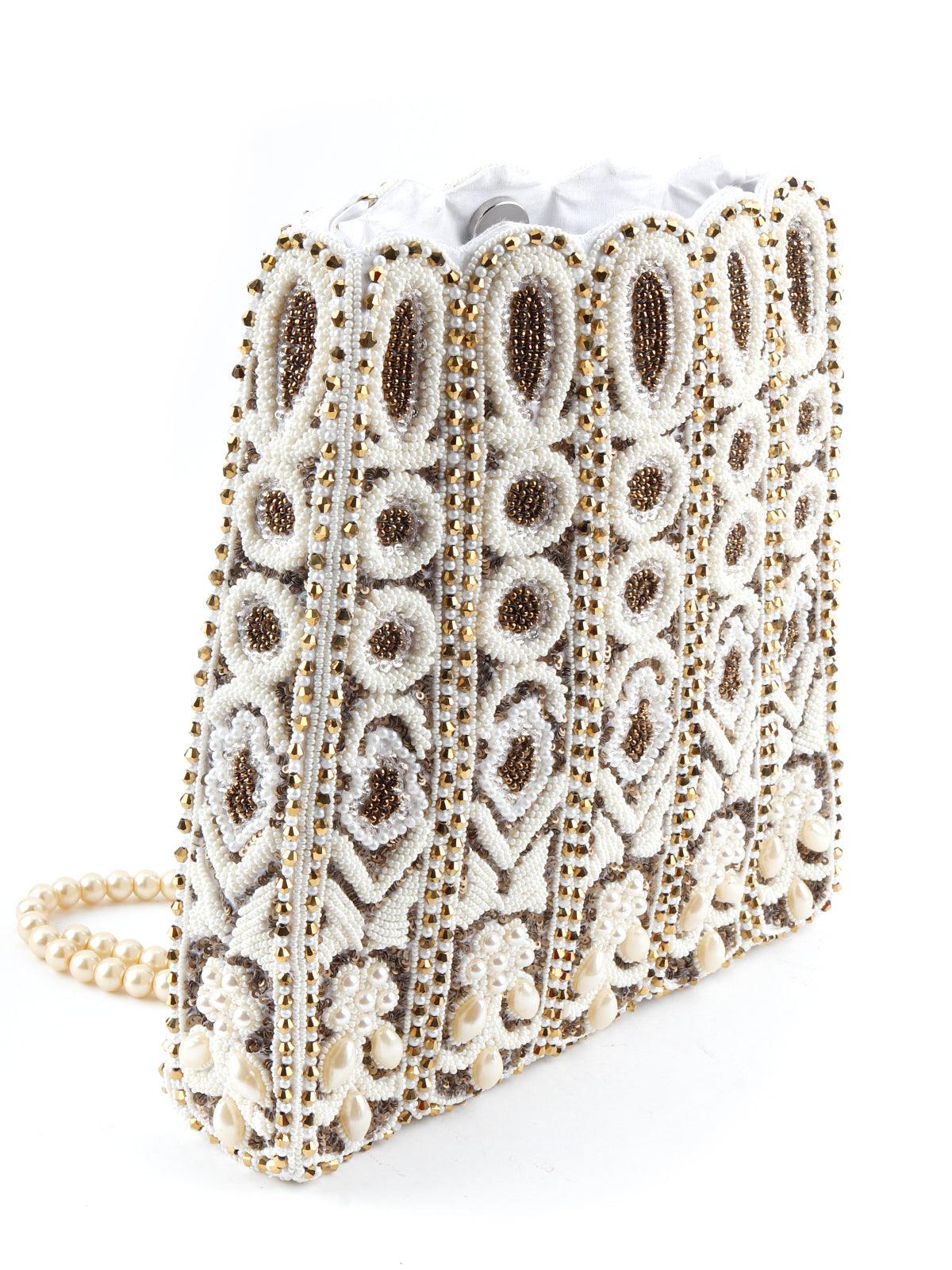 Odette Women White And Golden Beaded Crystals Sling Bag - Image 6