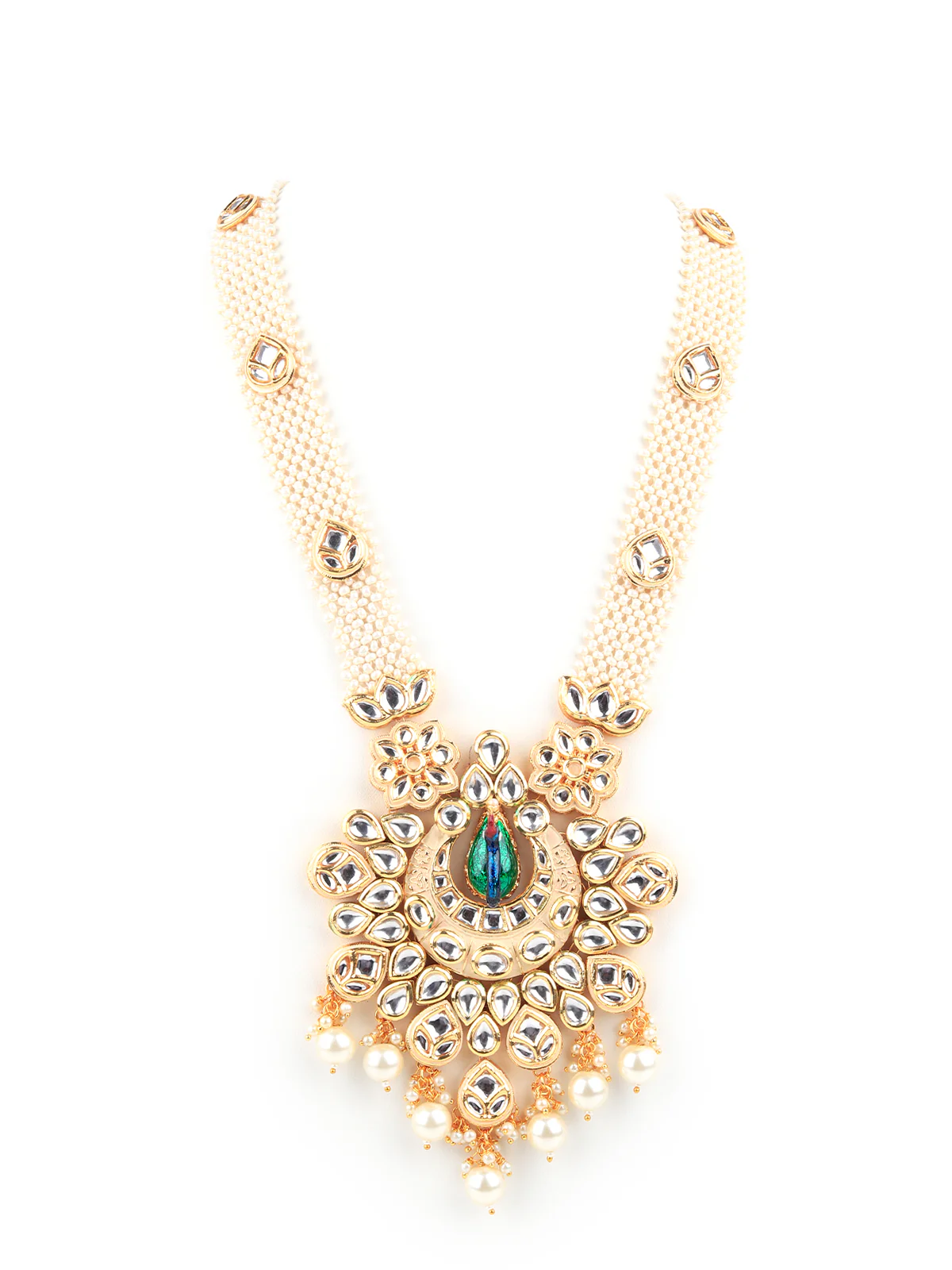 Odette Women White And Green Peacock Bridal Long Necklace Set With Earrings - Image 2