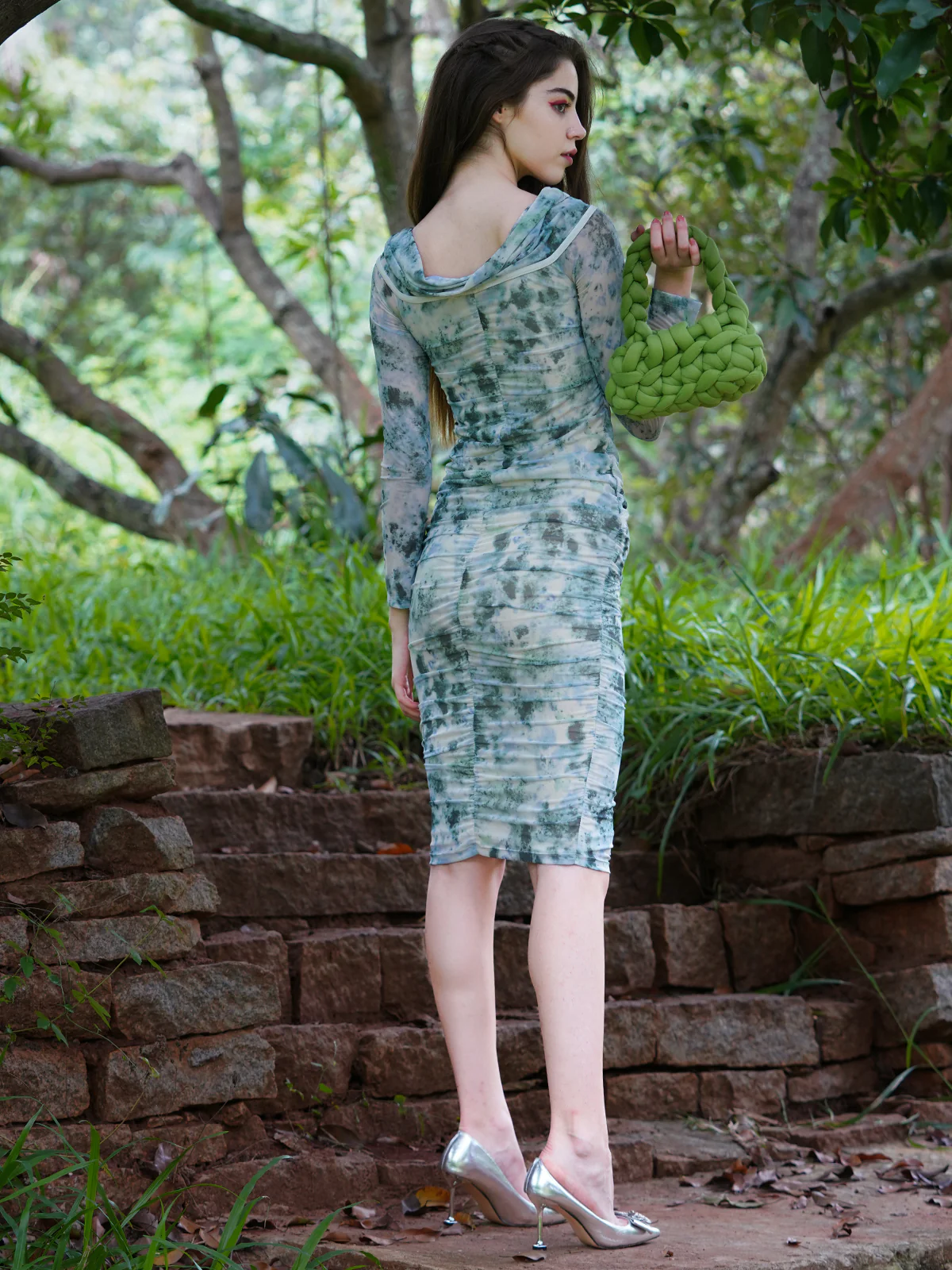Odette Women White And Green Printed Net Lycra Bodycon Dress - Image 4