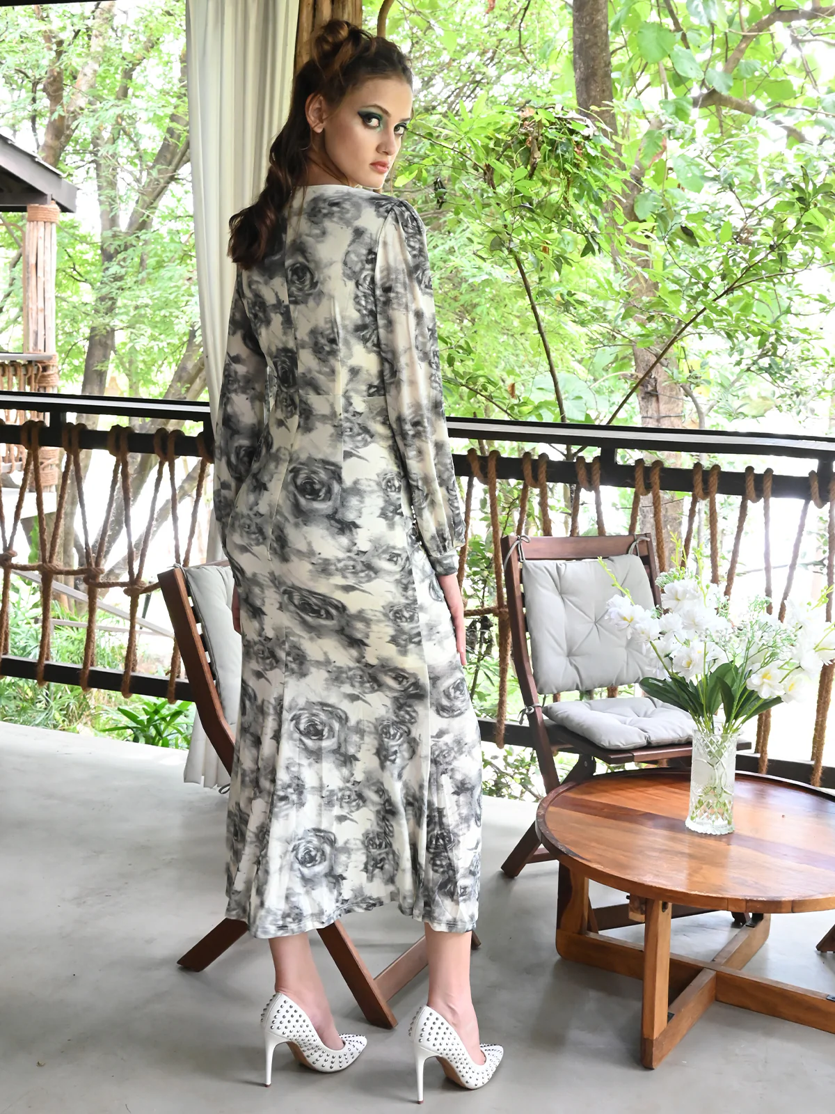 Odette Women White And Grey Net Printed Lycra Long Dress - Image 4