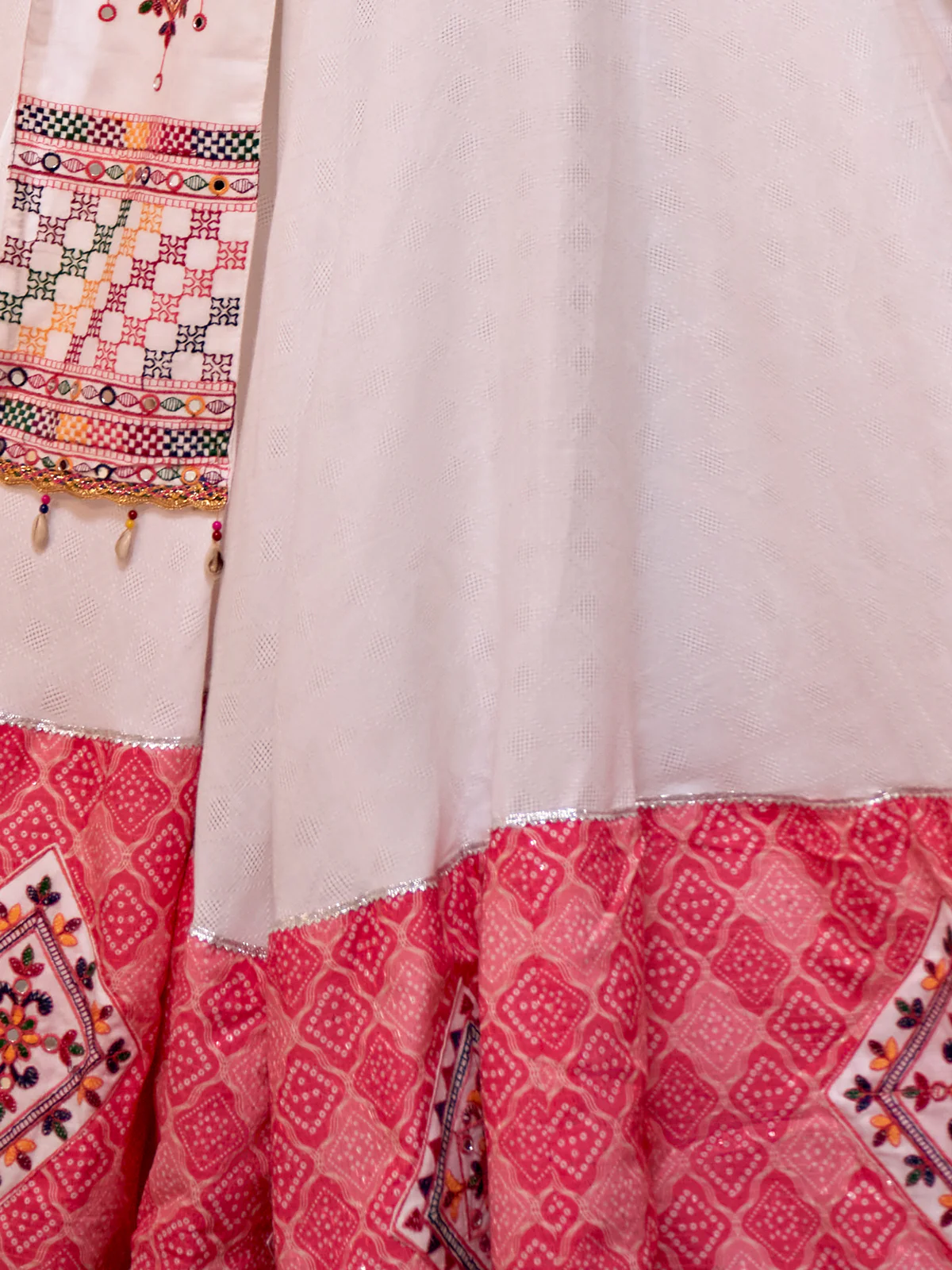 Odette White And Pink Jacquard Cotton Embroidered Semi Stitched Lehenga Choli For Women - Image 5