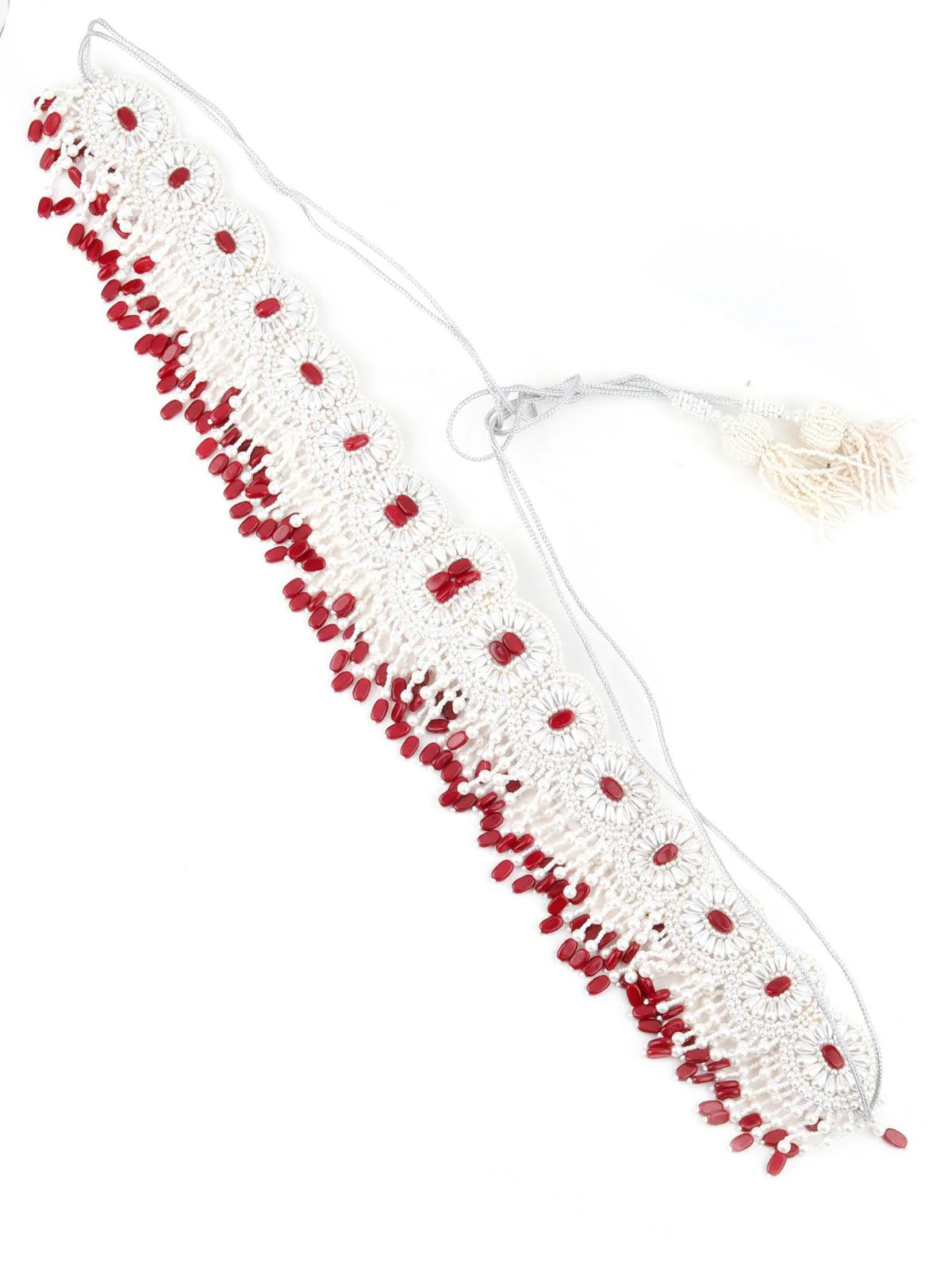Odette Women White And Red Pearl Beads Velvet Base Belt - Image 3