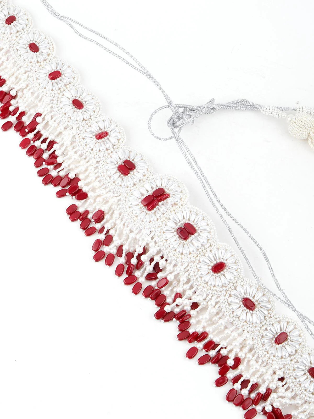 Odette Women White And Red Pearl Beads Velvet Base Belt - Image 4