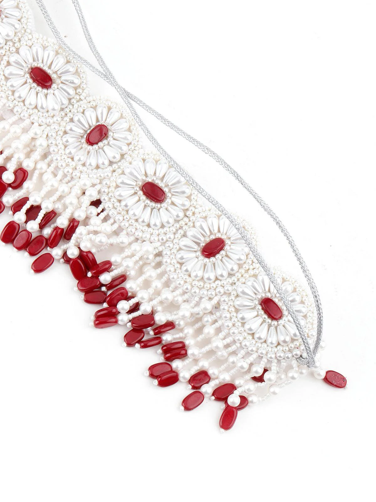 Odette Women White And Red Pearl Beads Velvet Base Belt - Image 5