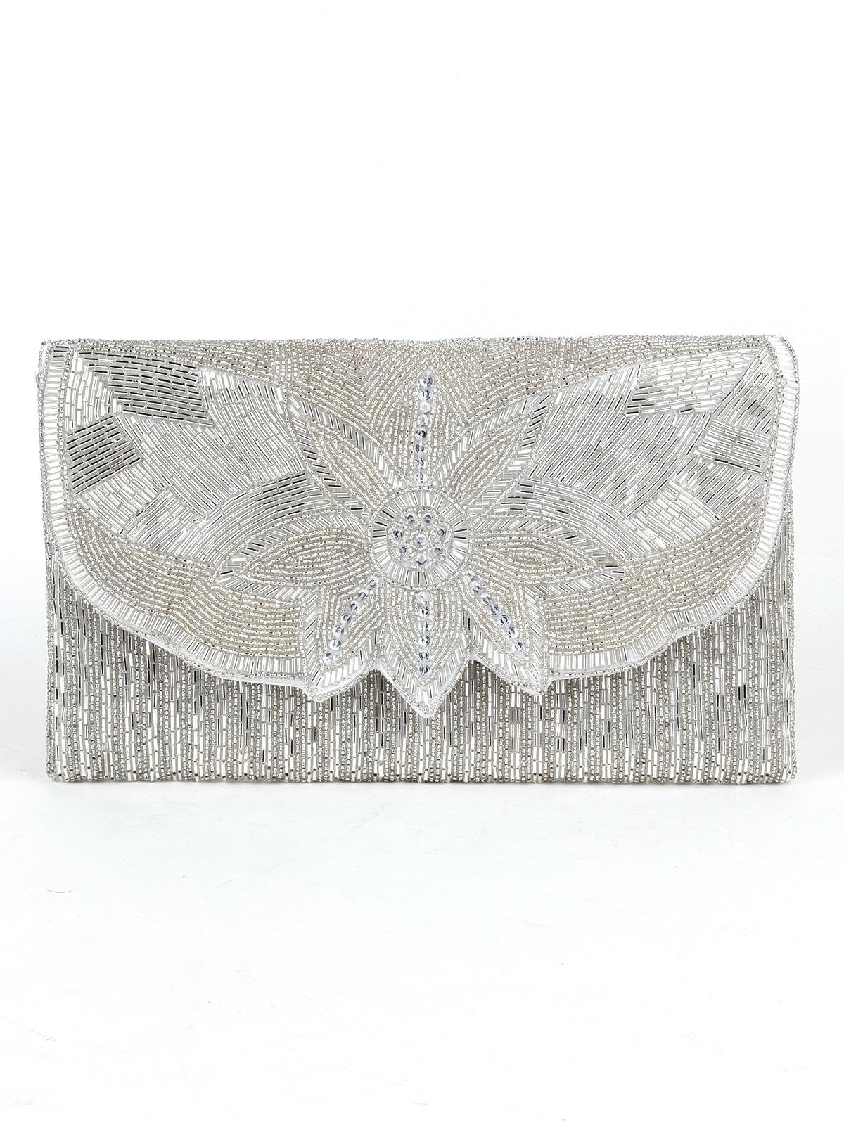 Odette Women Silver Beaded Alluring Envelope Clutch - Image 3