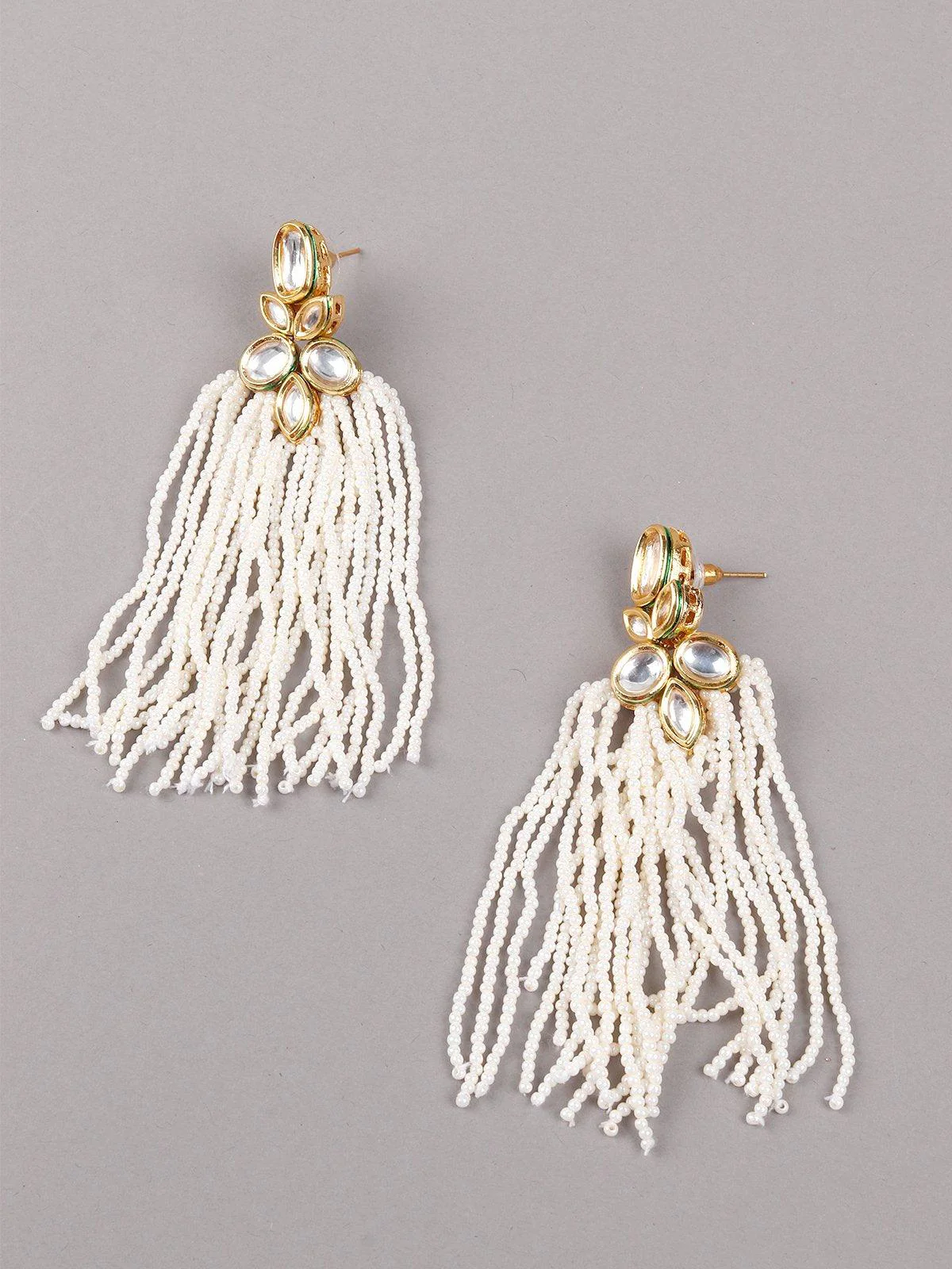 Odette Women White Beaded Kundan Work Tassel Necklace Set - Image 4