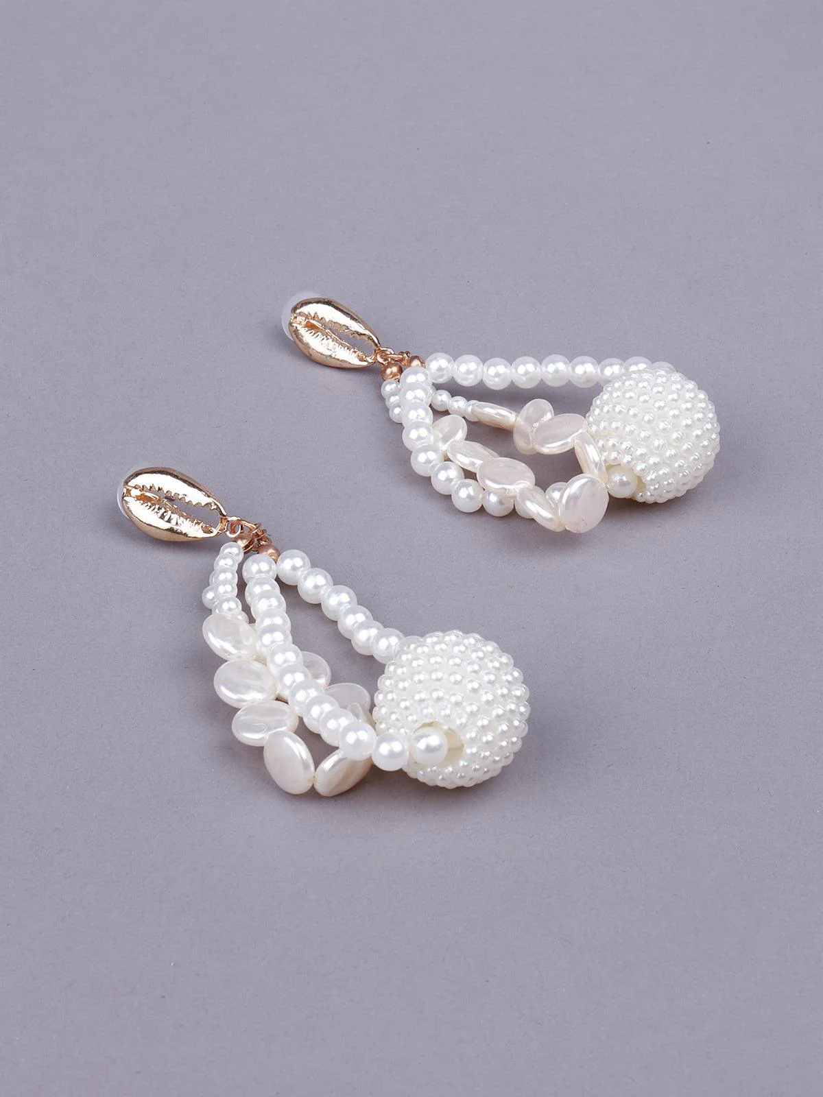 Odette White Beaded Rounded Drop Statement Earrings For Women - Image 4