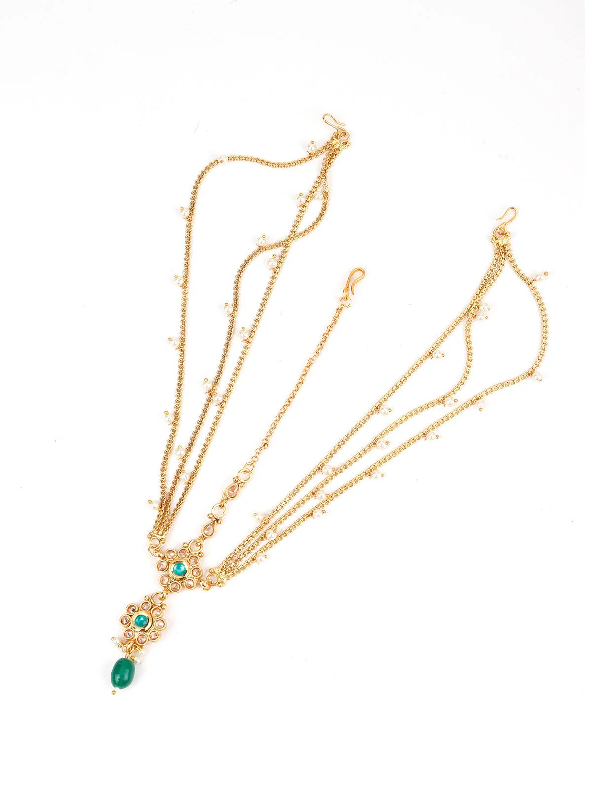 Odette Women White Beads, Green Rhinestone Maang Tikka - Image 4