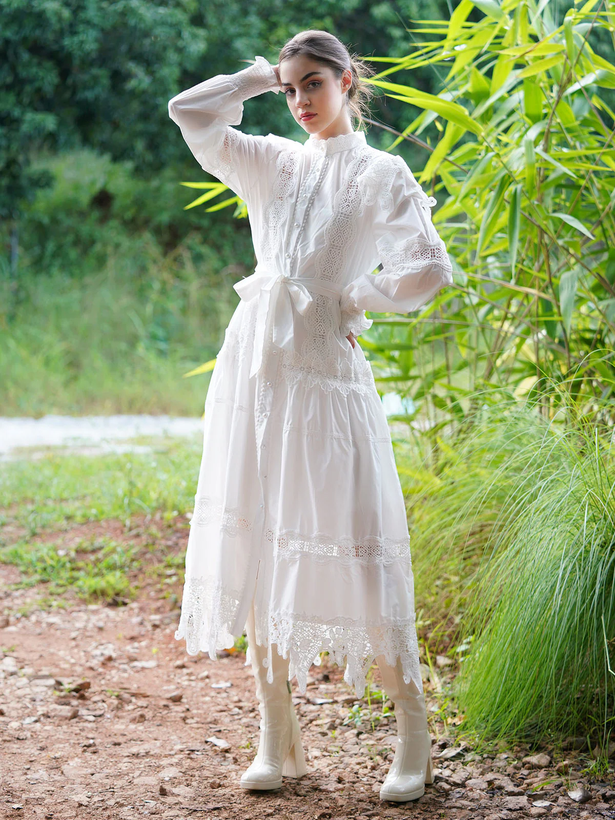 Odette Women White Brushed Cotton Long Shirt Dress With Lace - Image 3