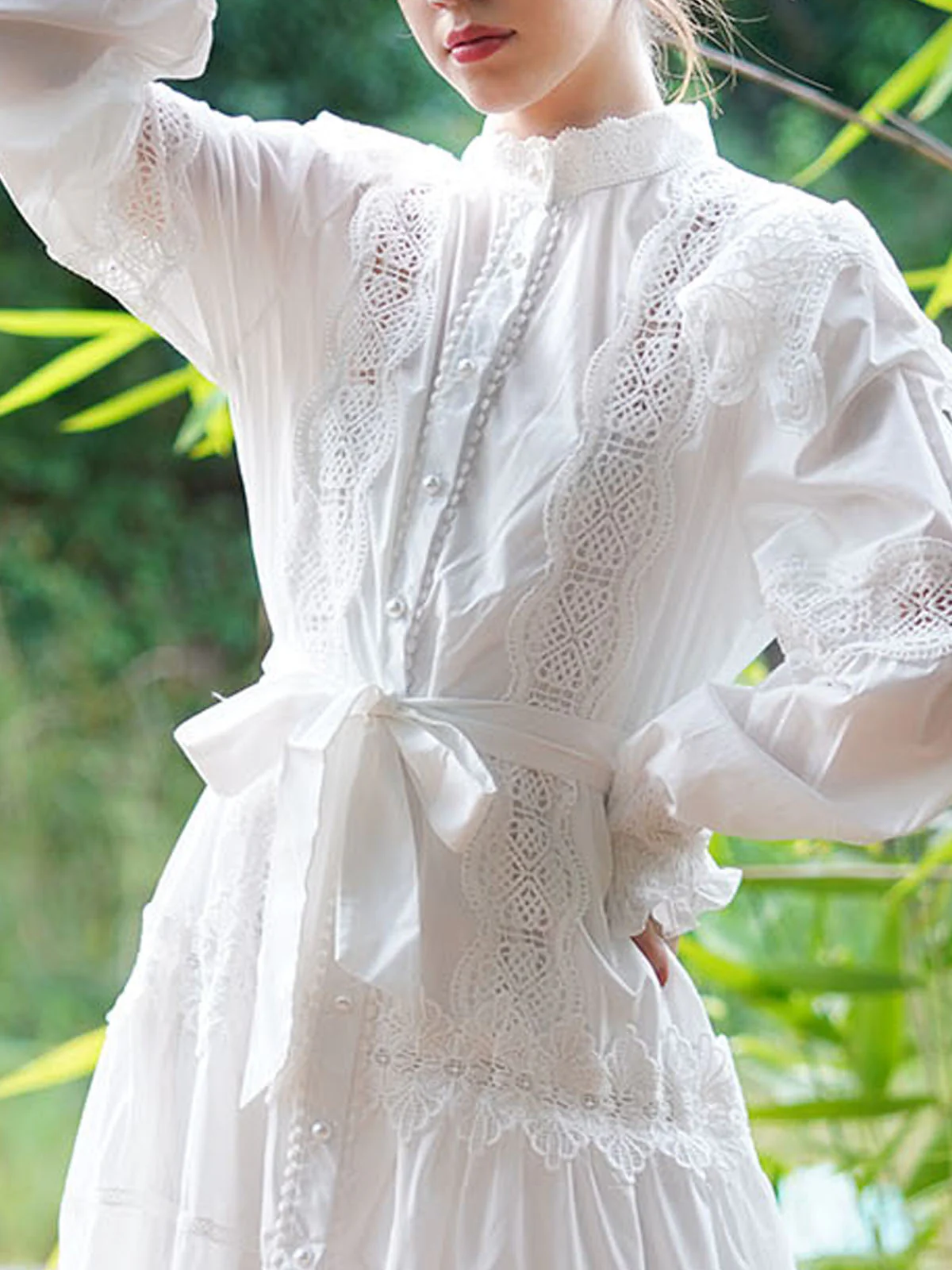 Odette Women White Brushed Cotton Long Shirt Dress With Lace - Image 5